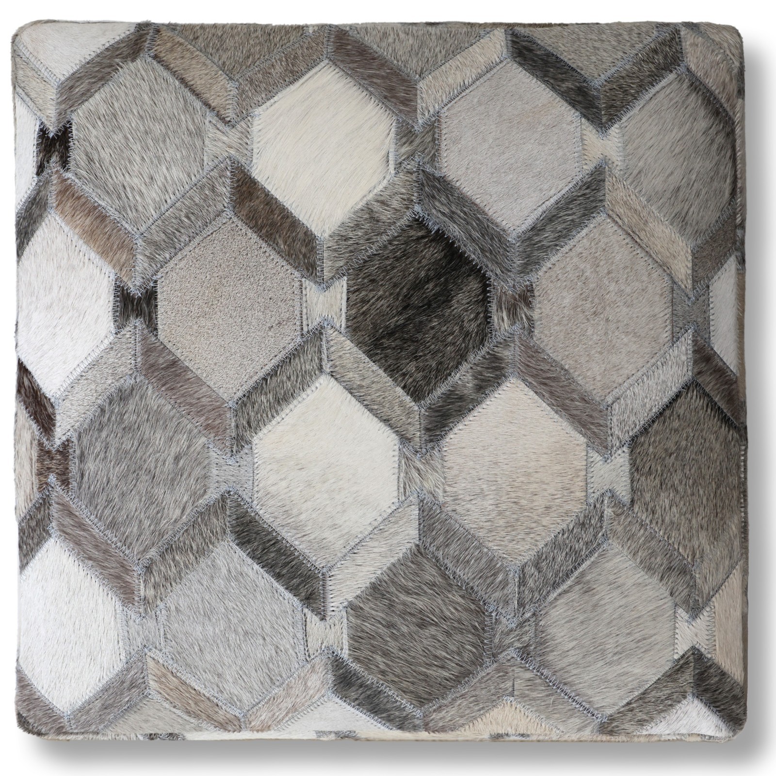 Handmade Diamond Patchwork Cowhide Leather Ottoman Pouf 18×18 Neutral