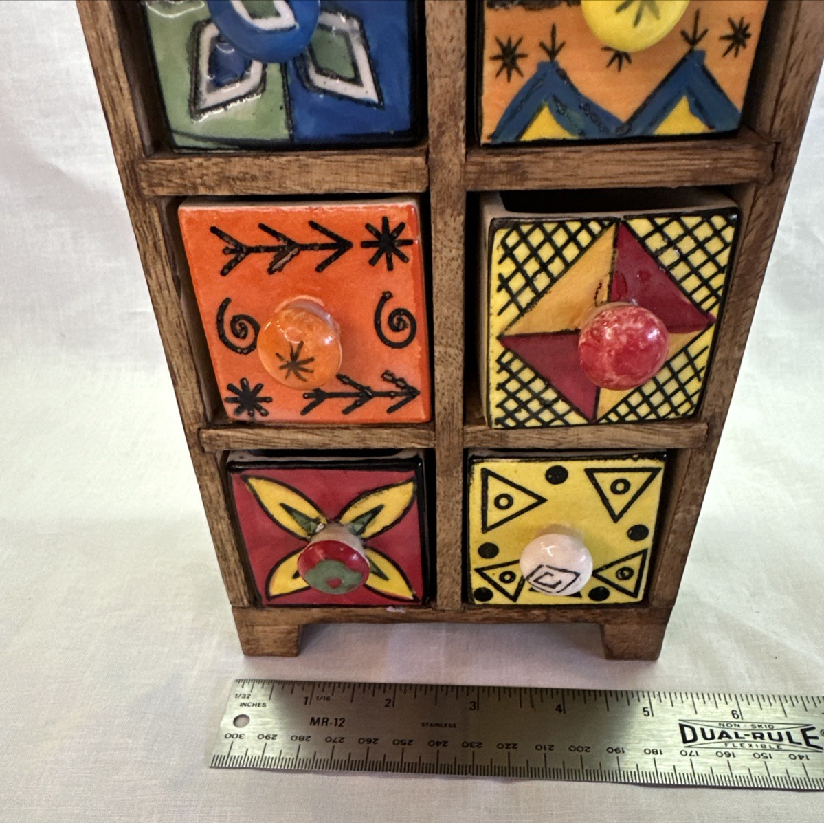 Pier 1 Imports Wood Apothecary Spice Cabinet 6 Hand Painted Ceramic Drawers Tea