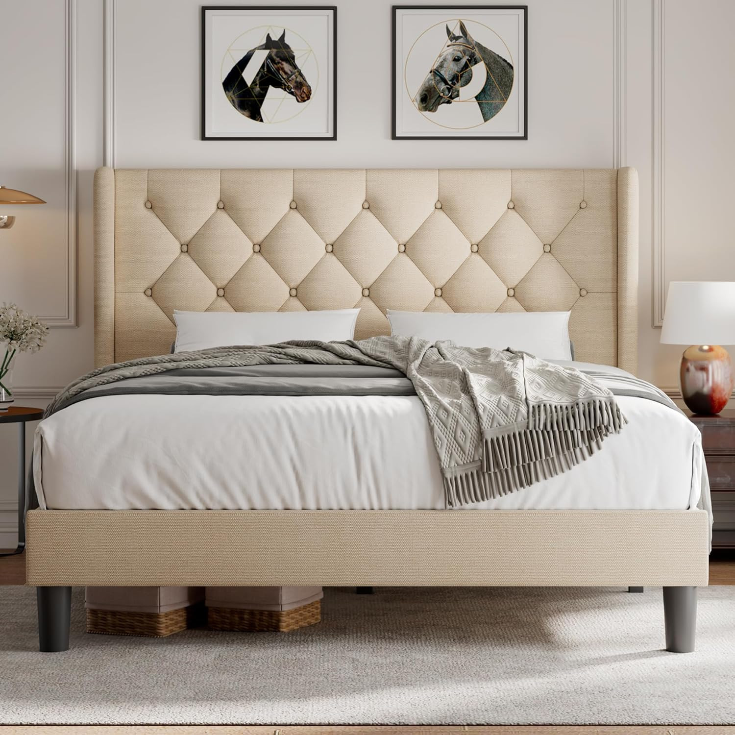 Full Size Platform Bed Frame with Button Tufted Headboard, Upholstered