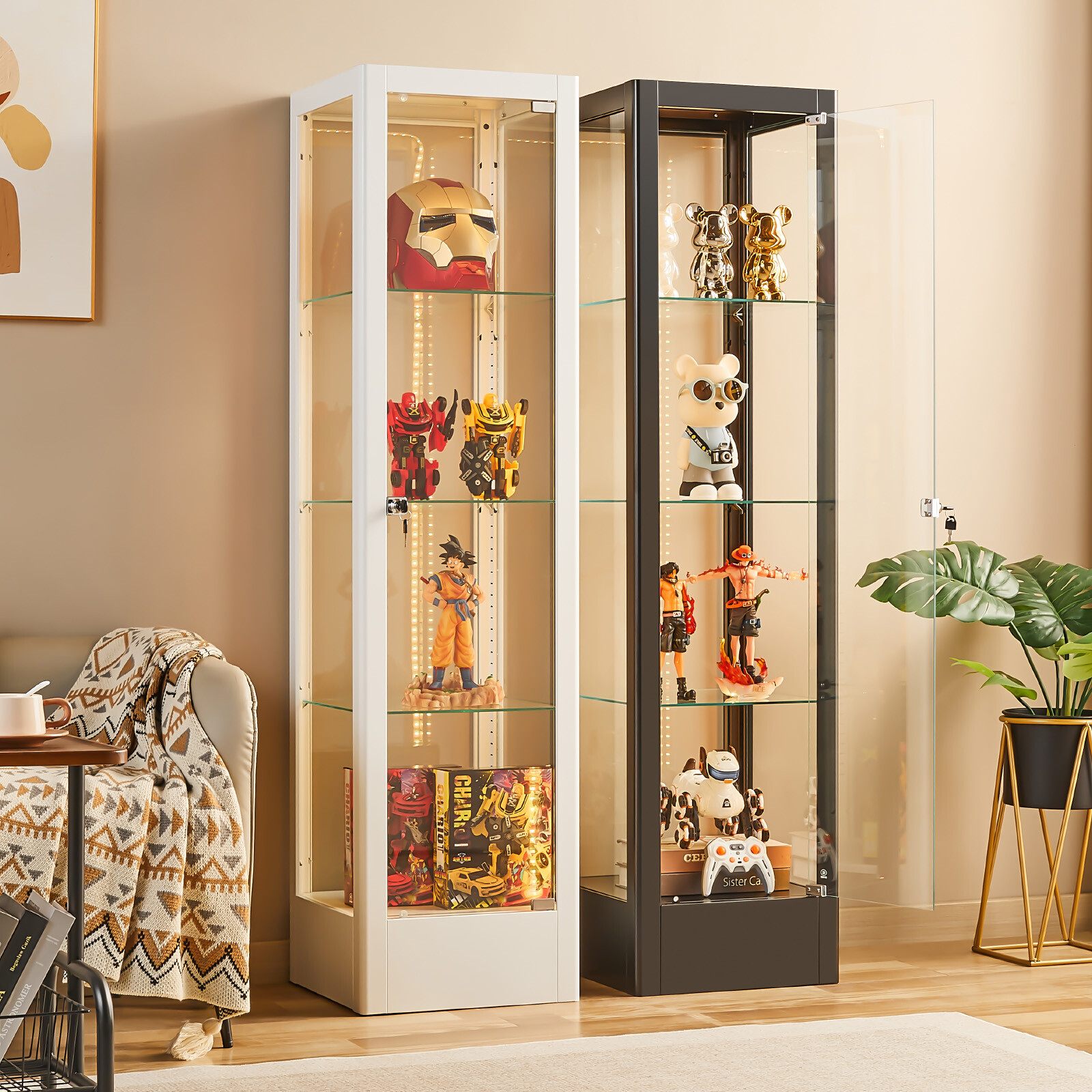 63″ Steel Curio Display Cabinet w RGB Light Lockable Collectibles Rack BookShelf