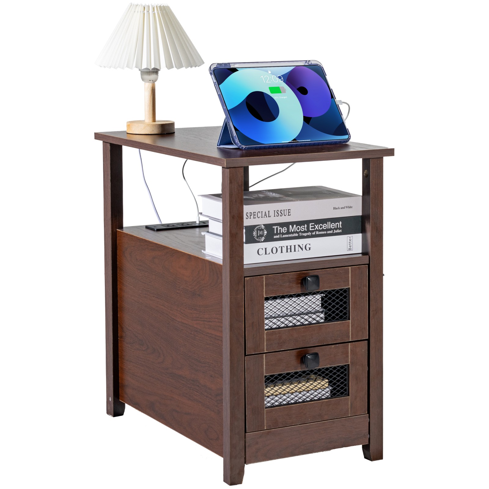 Uimoso Farmhouse End Table Narrow Night Stand with USB Ports and Outlets Brown