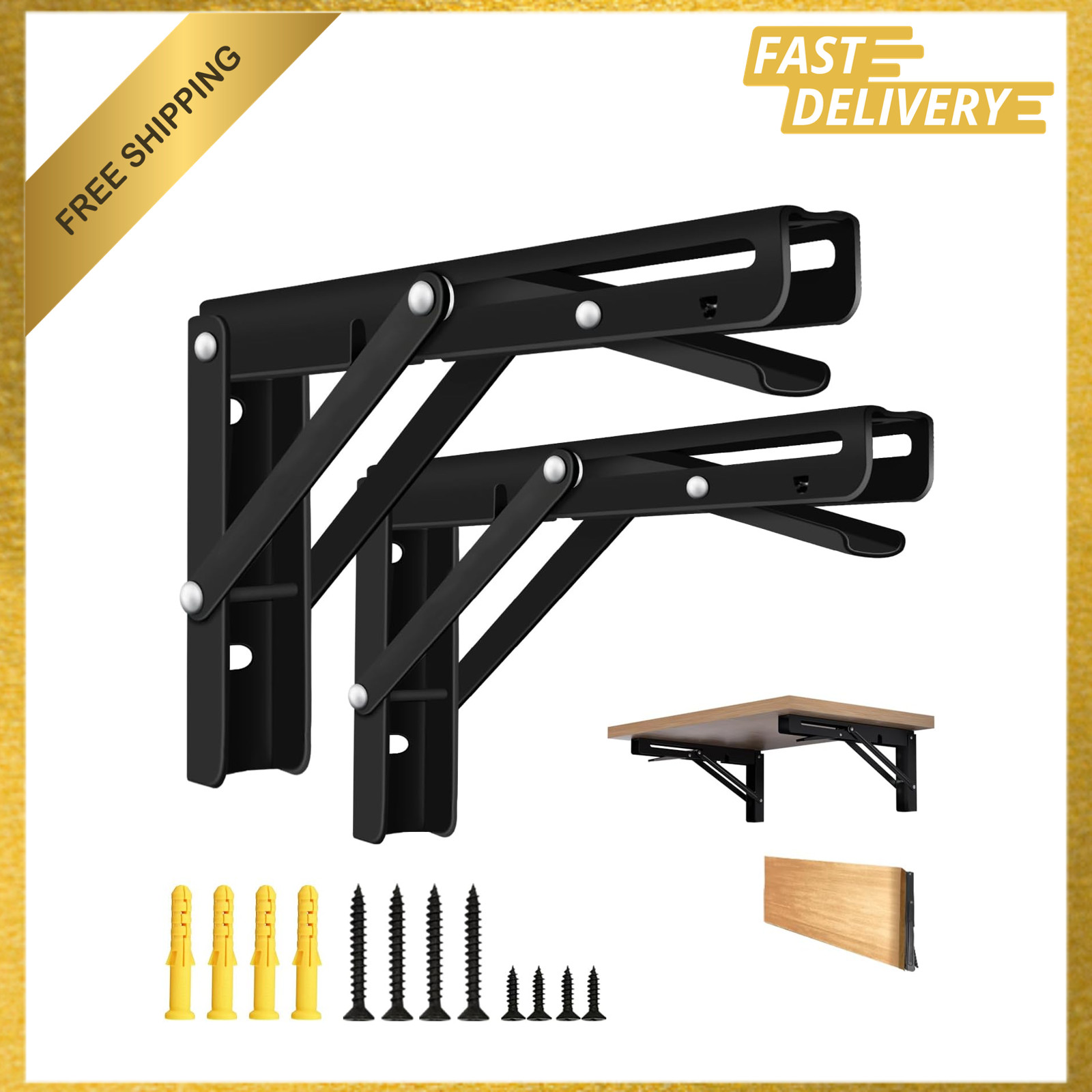 Folding Shelf Brackets Heavy Duty 10 Inch Black Collapsible Wall Mount 2 Pack