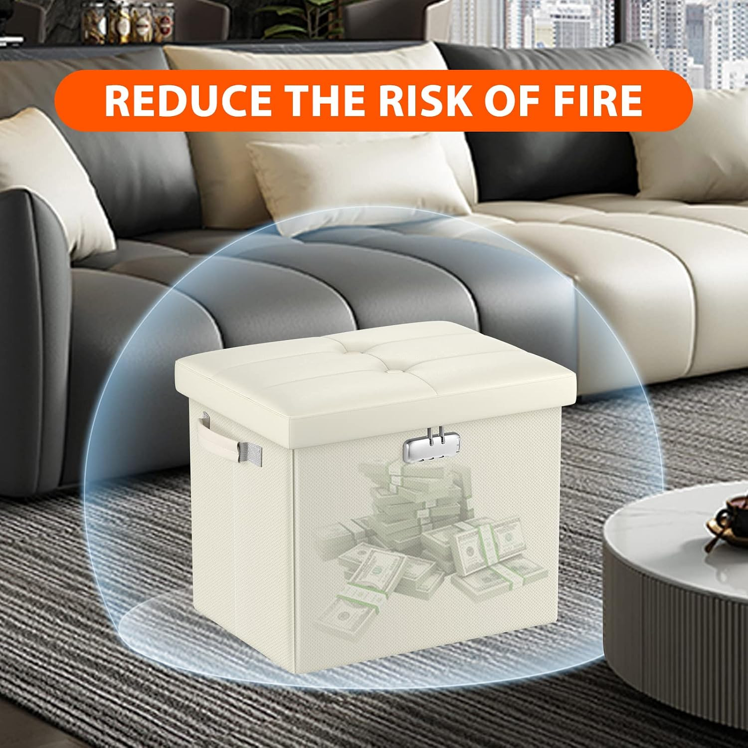Storage Ottoman with Lock,Fireproof＆Waterproof 17 Inches Folding Storage Box wit