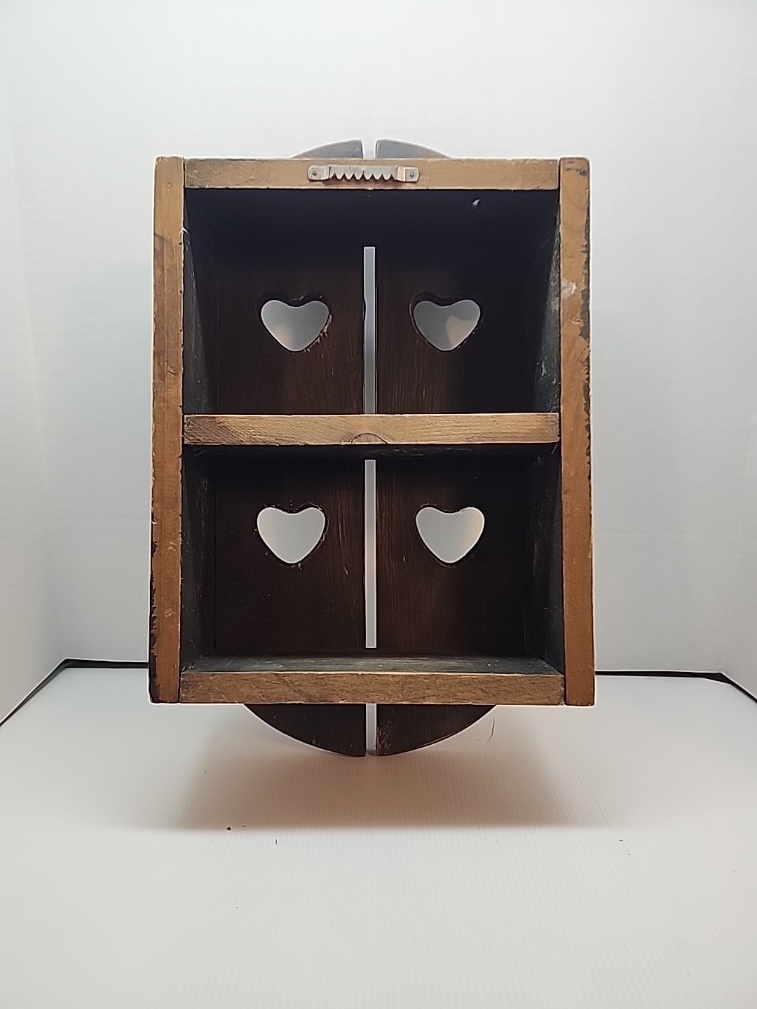Vintage 19″ Wooden Heart Cutout Shelf Doors Cubbies Country Cottage -Black Paint