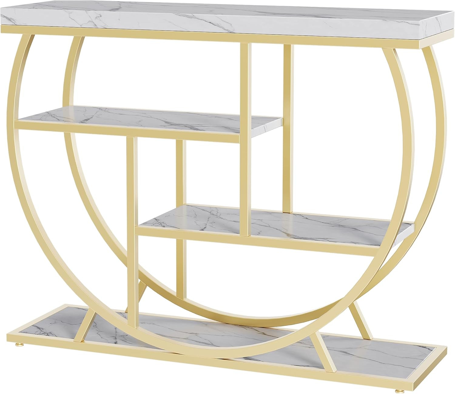 39″ Modern Faux Marble Console Table with 4 Tiers & Metal Frame – White