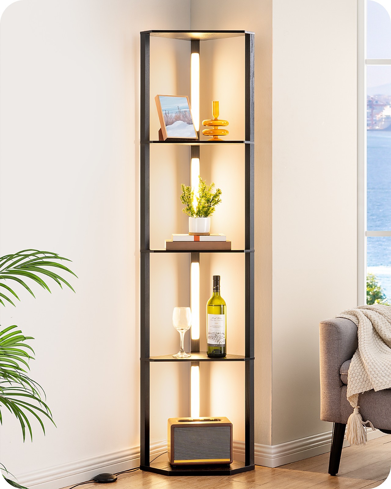 DEWENWILS 64″ Corner Display Shelf with Light, Modern Corner Floor Lamp