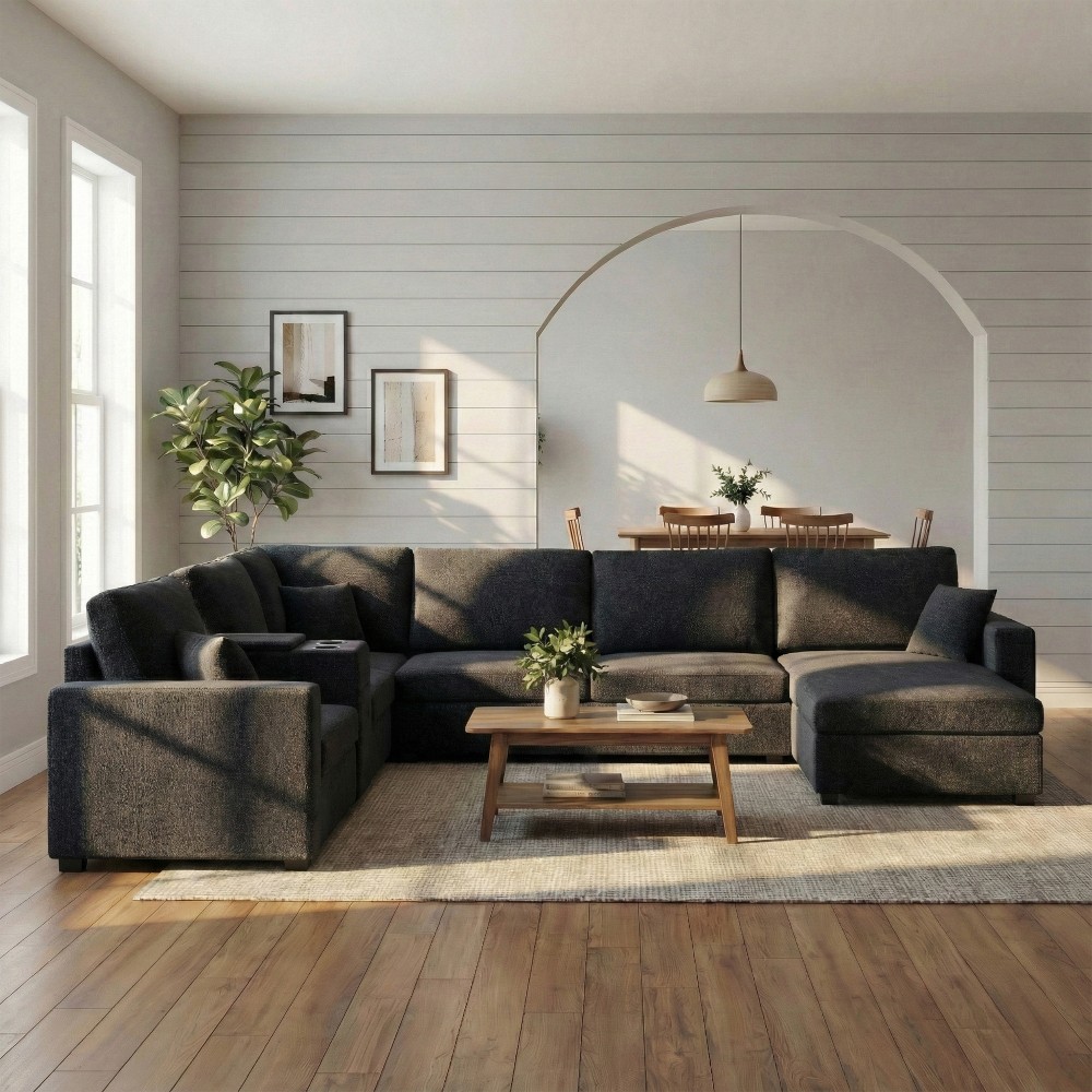 U-Shape Corner Sectional Sofa with Chaise, Cup Holders, Storage, 5-Seat, Black