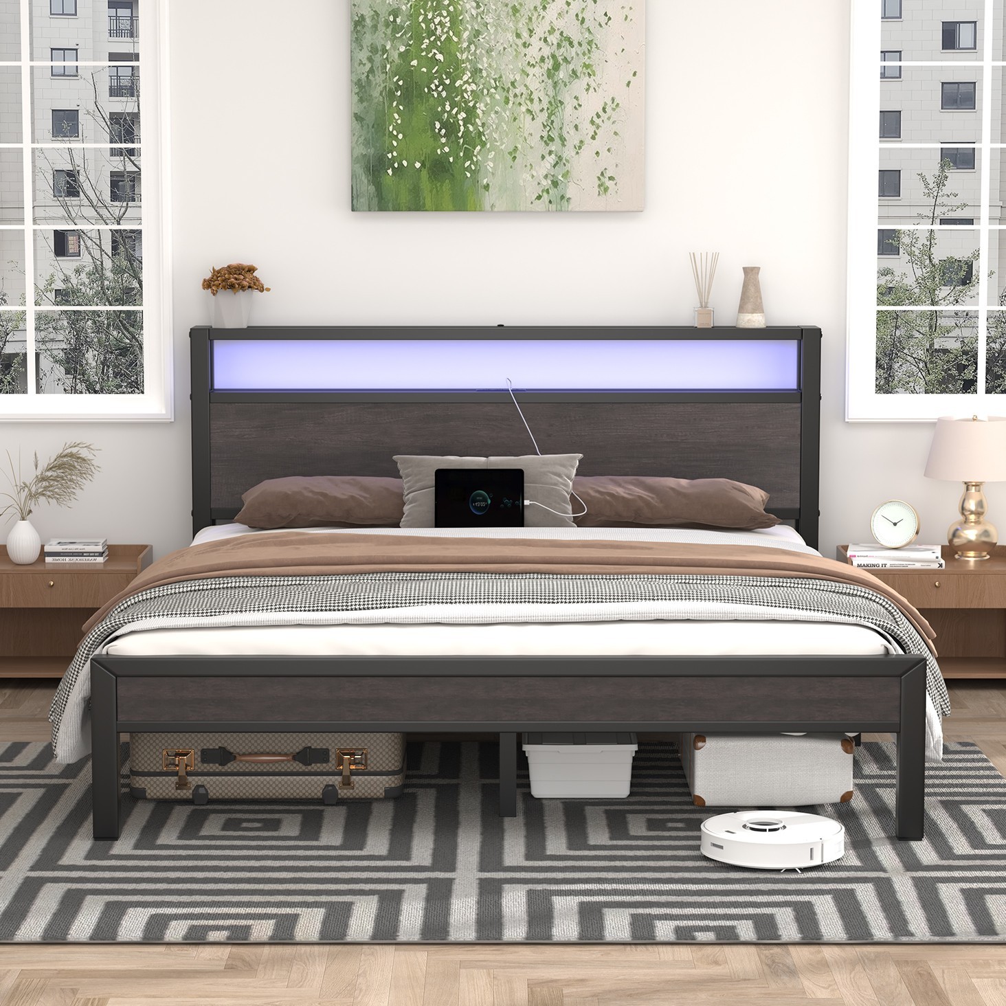 LED Light Bed Frame with 2-Tier Storage Headboard and Charging Station/Grey