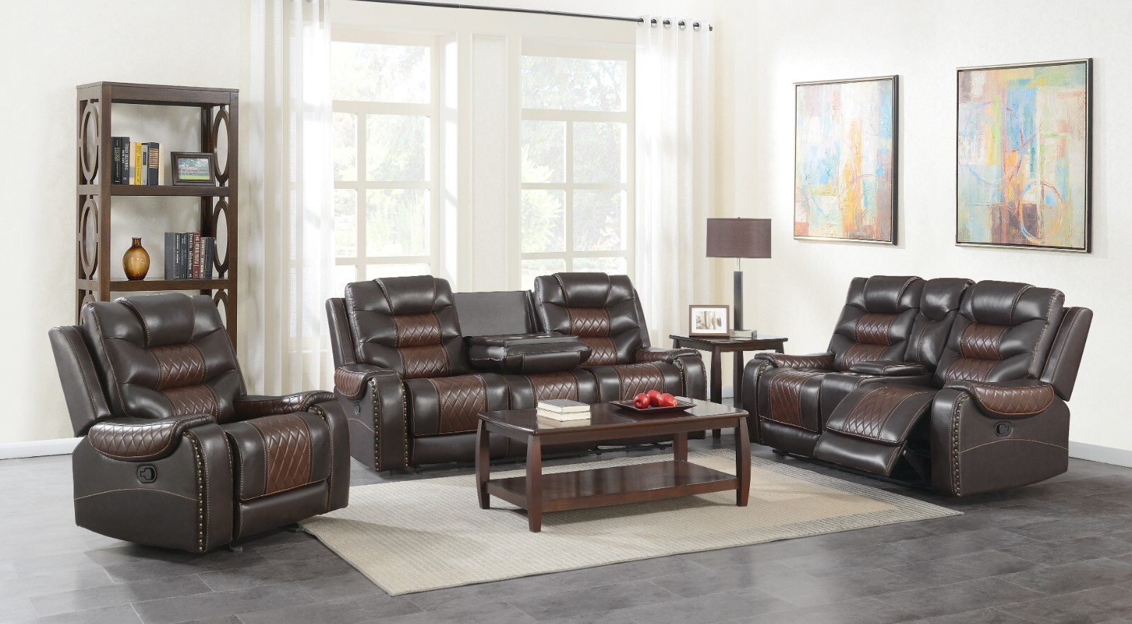 NEW Two-Tone 3PC Leather Gel Brown Sofa Loveseat Chair 5-Recliner Living Room