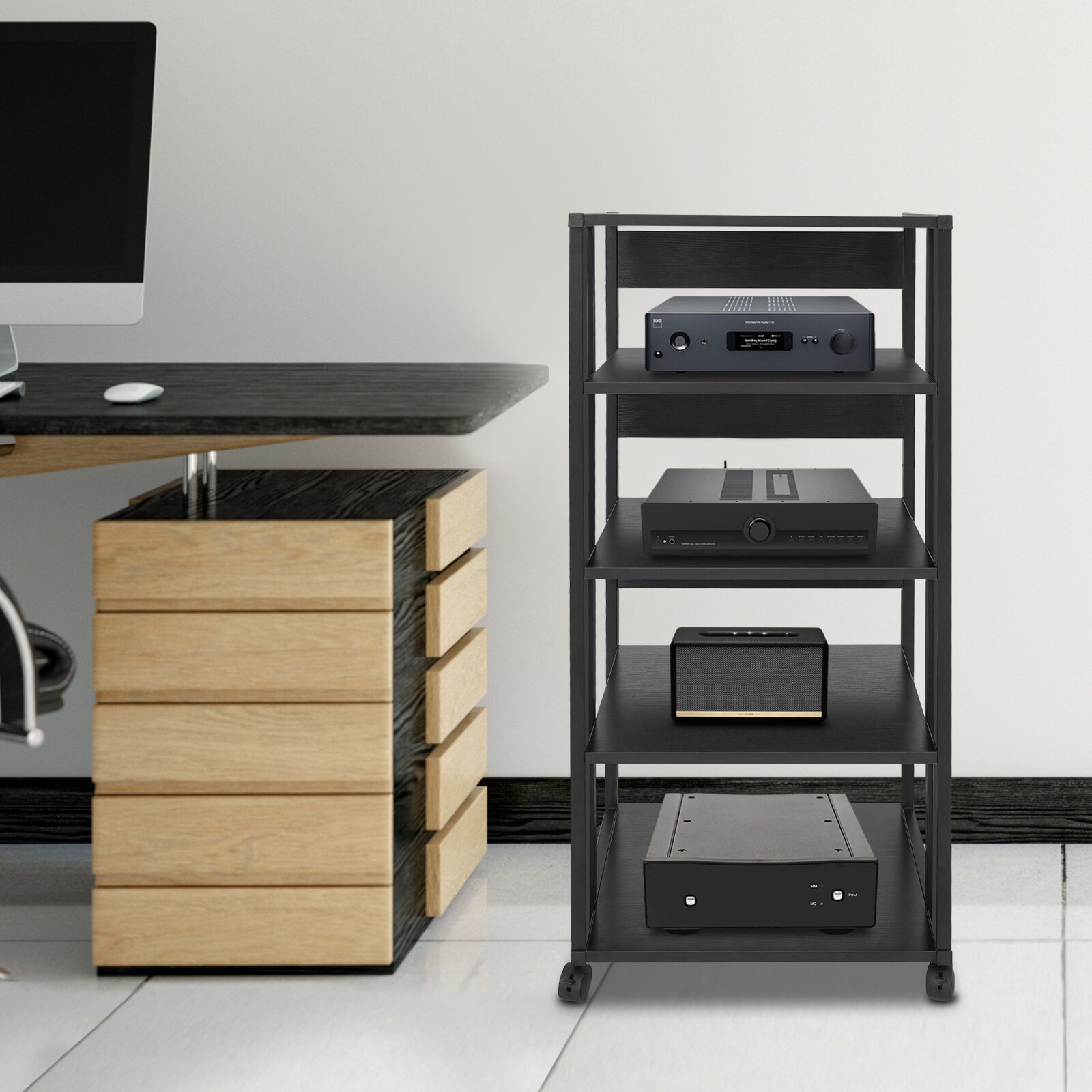 5-Tier AV Media Stand Rack Black Tall Heavy Duty Audio-Video Media Stand 17kg