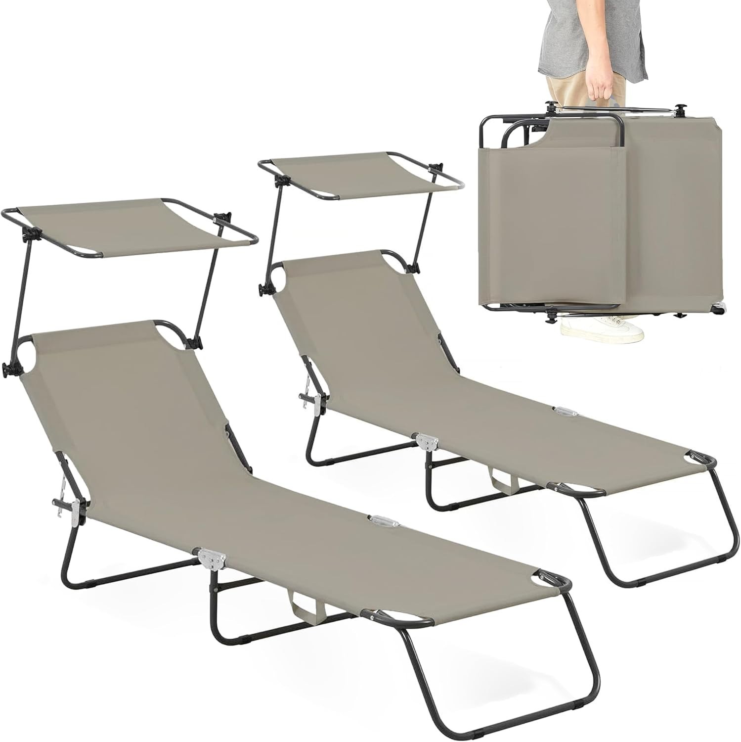 2 Comfysure Folding Outdoor Lounge Chair with Canopy cream