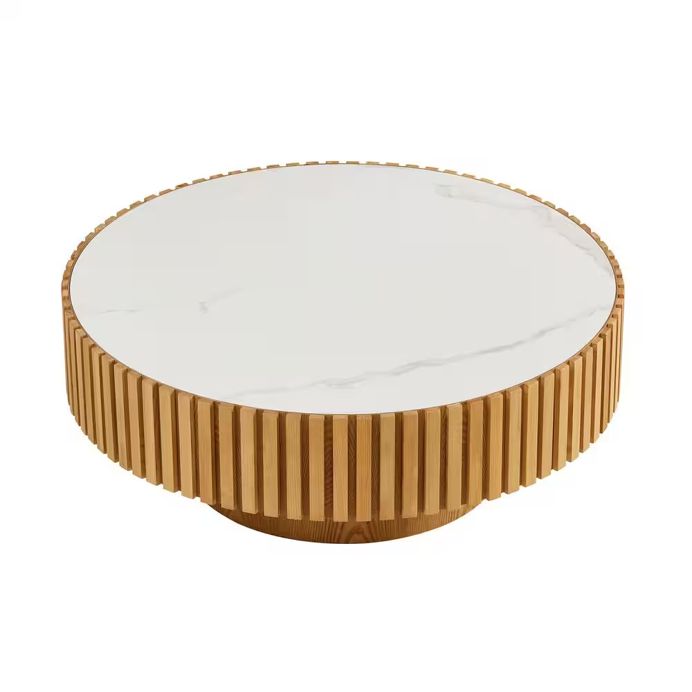 Grace Modern 35.43 In. Oak round Drum Sintered Stone Top Coffee Table