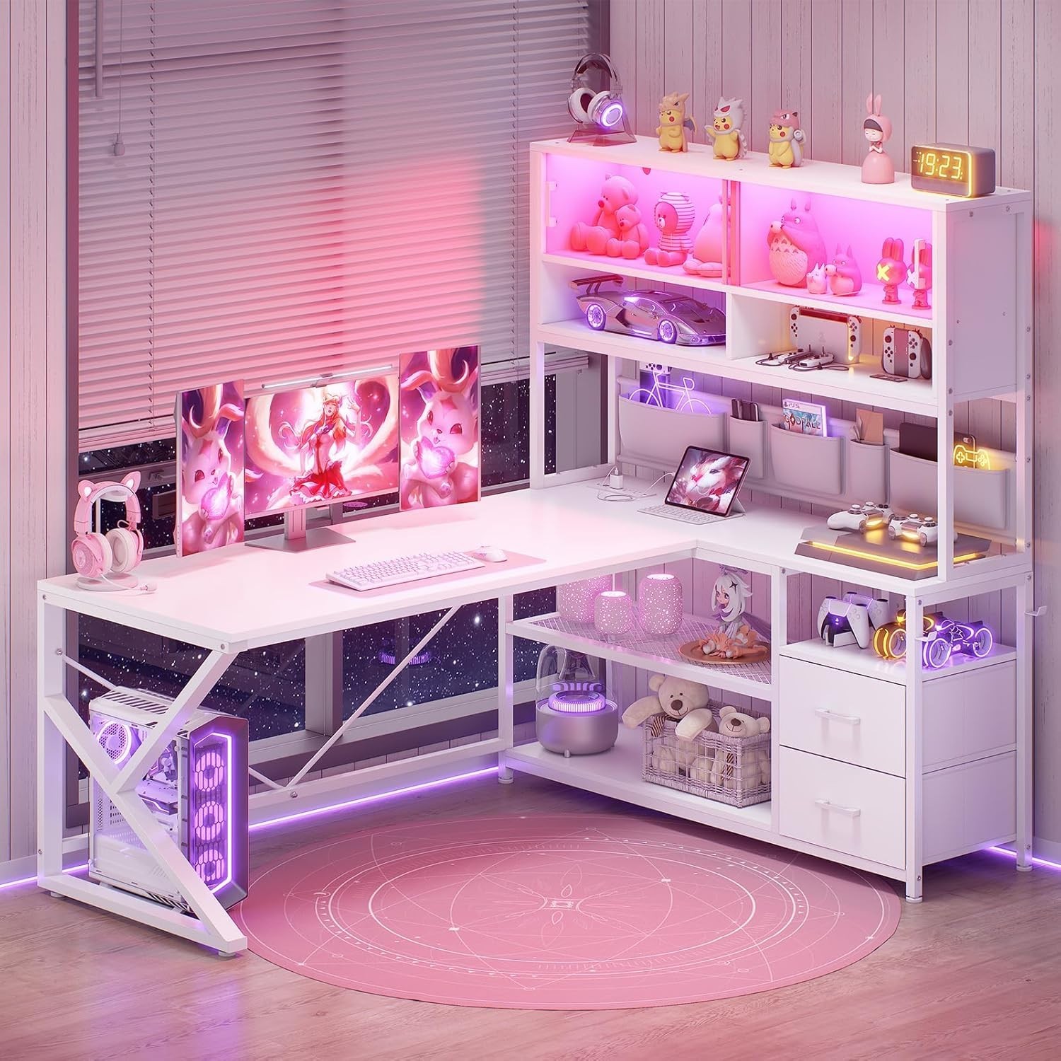 L Shaped Gaming Desk, Home Office Computer Desk with 2 Drawer and Bookshelf LED