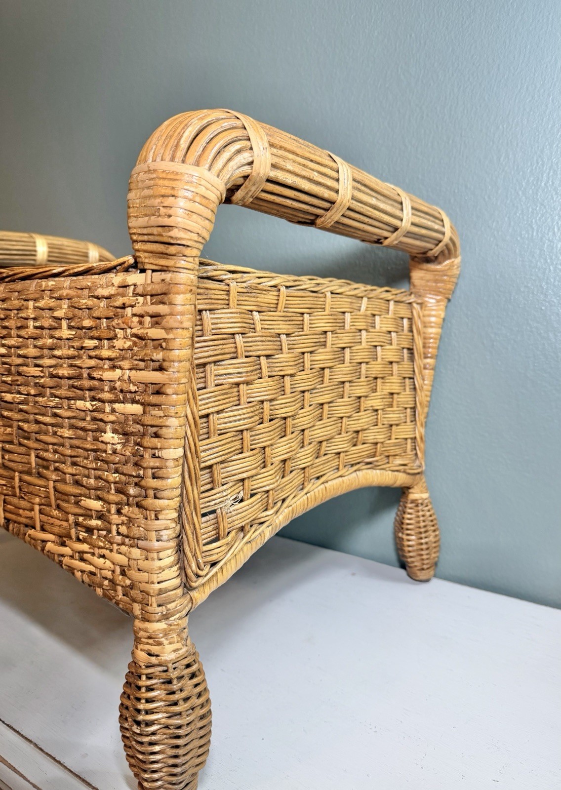 Vintage Rattan Wicker Ottoman Footstool Bench Boho Coastal Decor Stool
