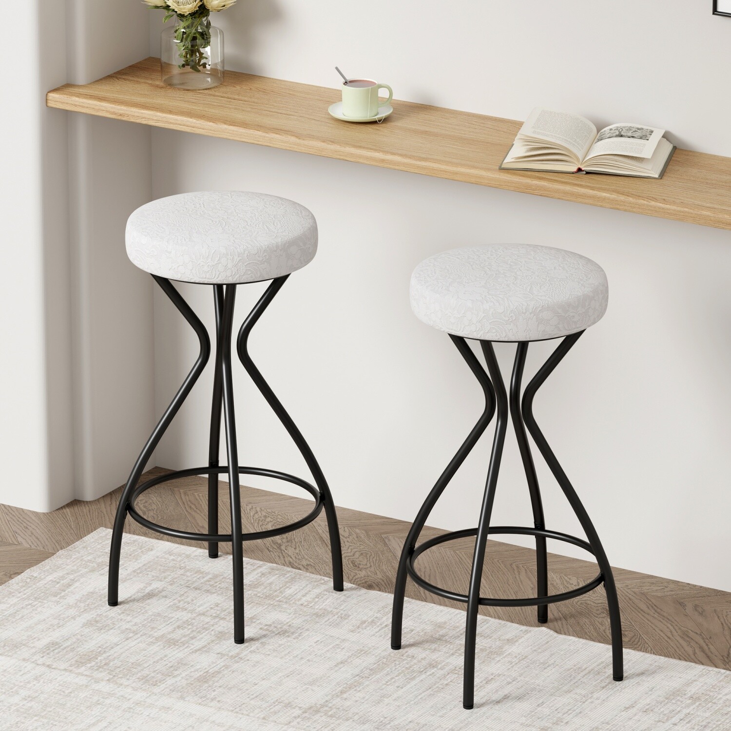 Set of 2 Bar Stools Backless Floral Print Bar Chairs Counter Height Dining Chair