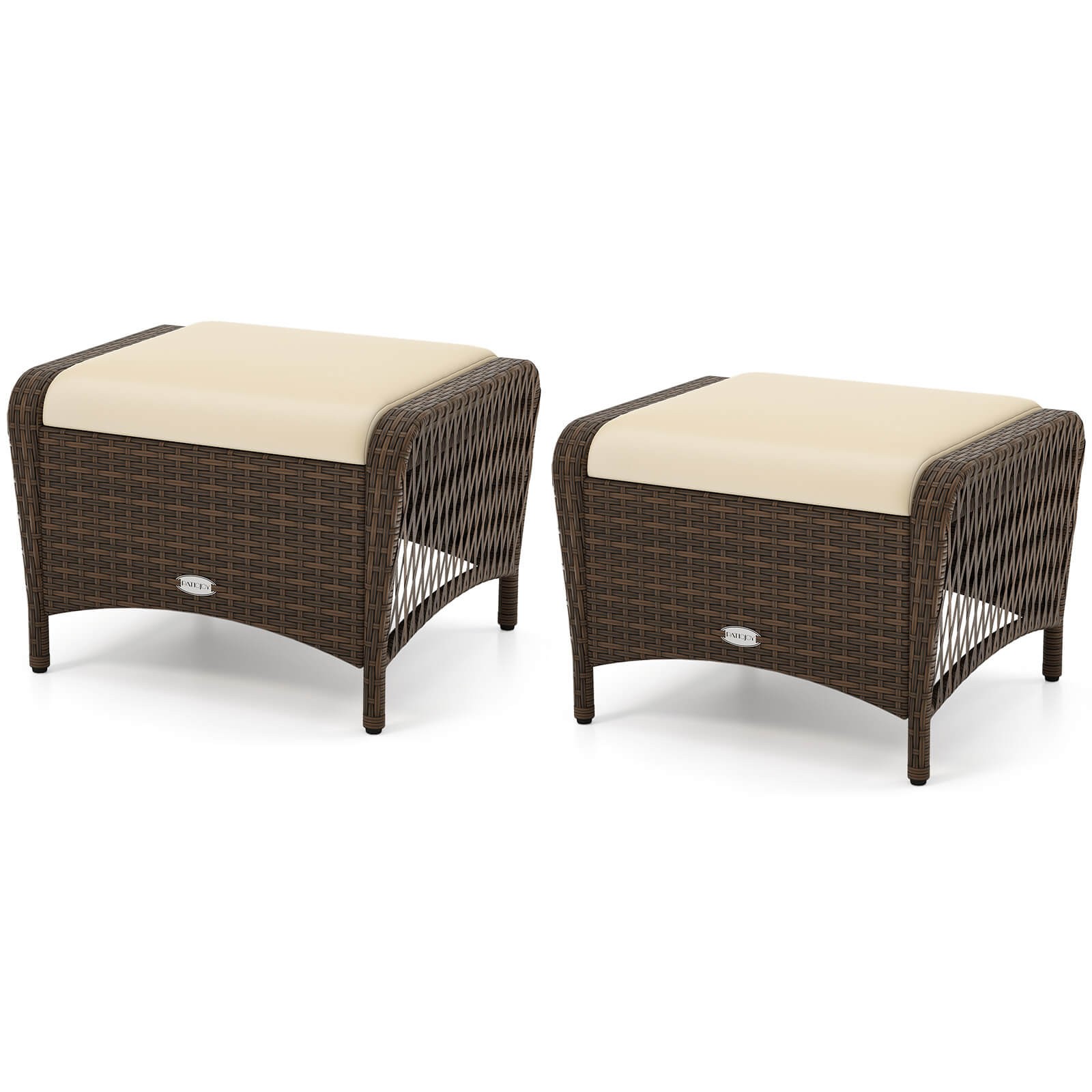 2 Pieces Outdoor Patio PE Wicker Ottomans with Removable Cushions Footstools