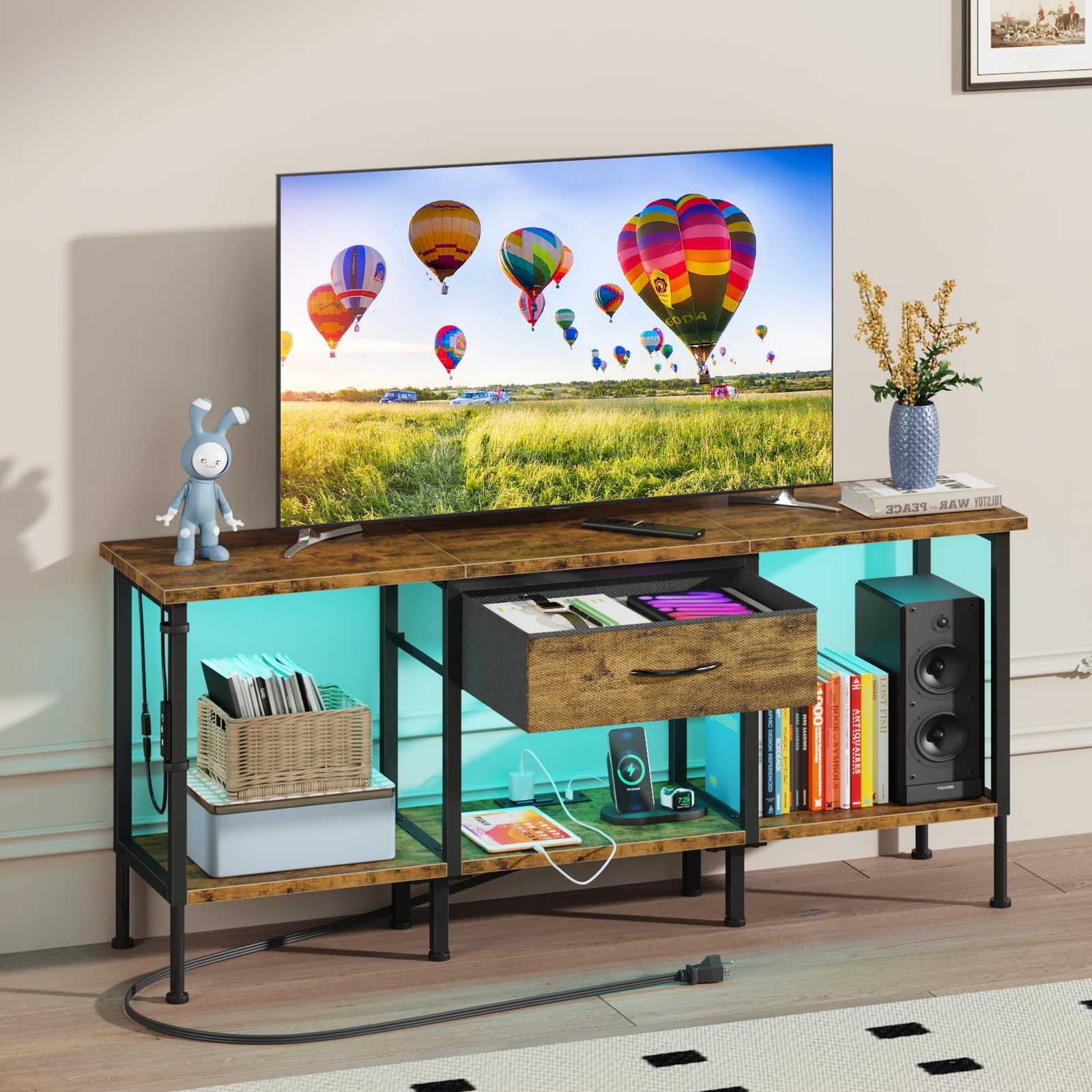 LED TV Stand with Power Outlet and Fabric Drawer for 55 50 45 Inches TV – Ent…