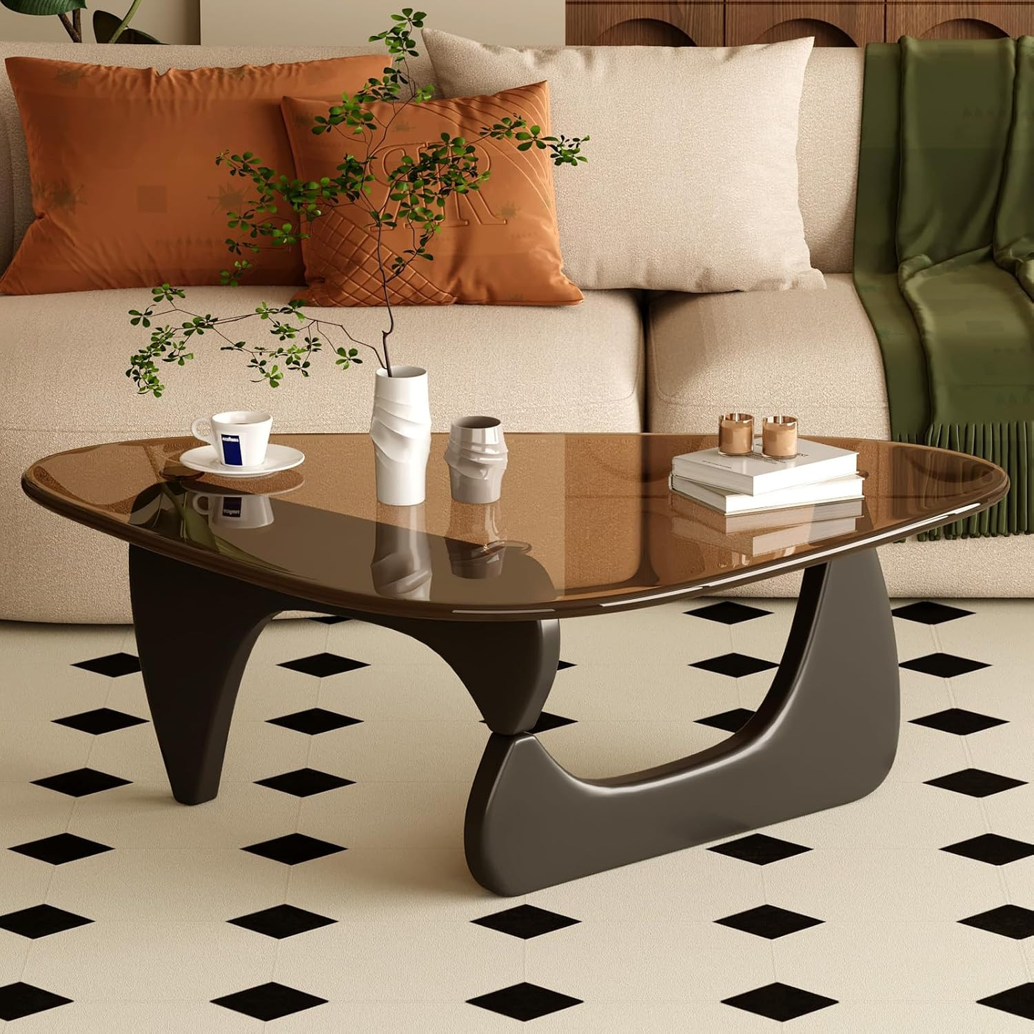 Mid-Century Modern Coffee Table with Glass Top – Black Brown Finish