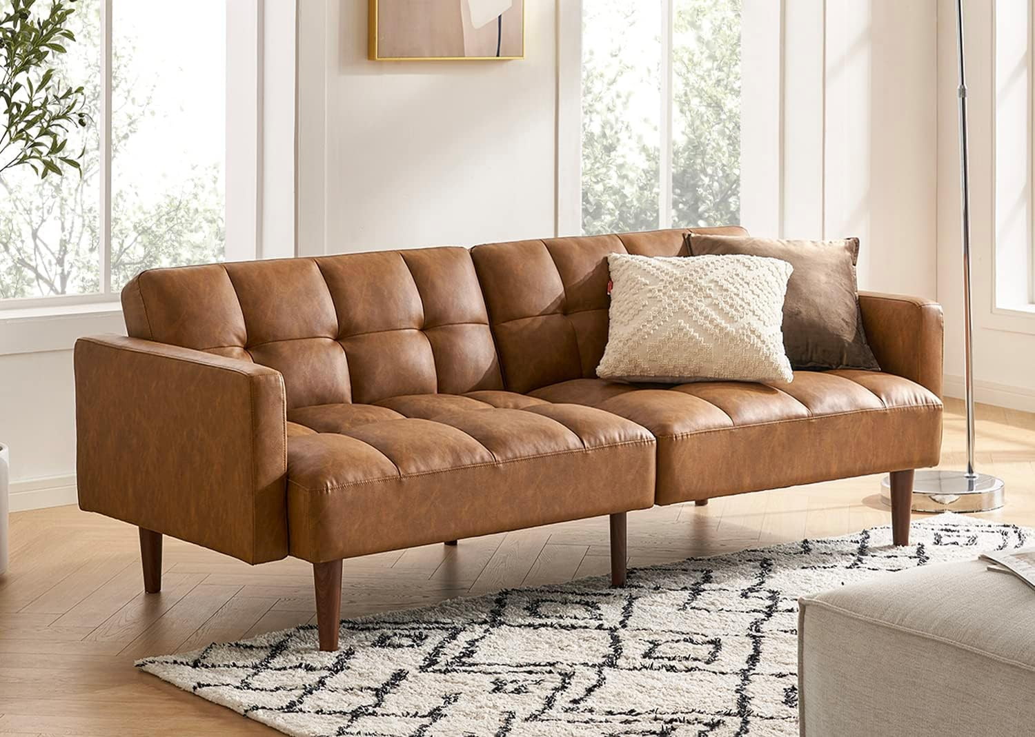 Stylish Mid Century Modern 76.4″ Pecan Brown Futon Sofa Bed
