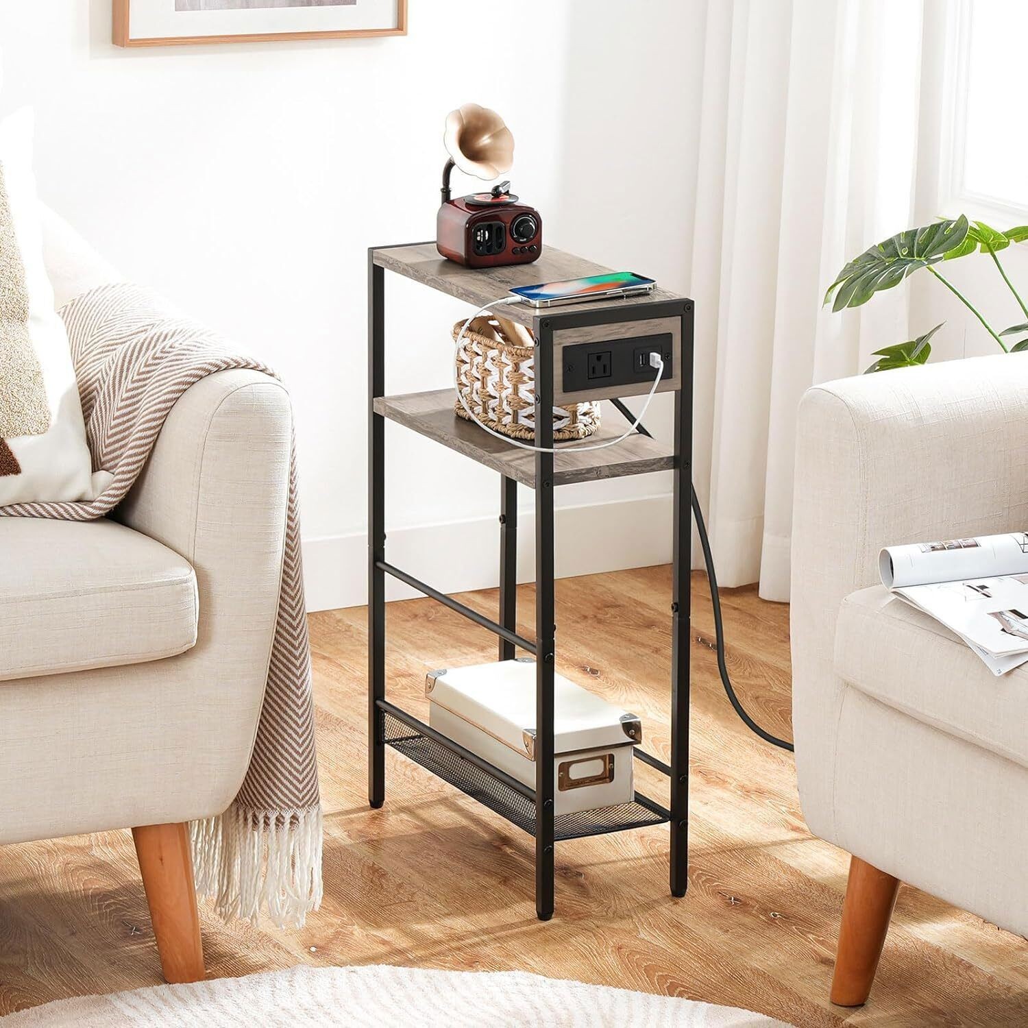 Side Table End Table Nightstand Sofa Beside Table Greige 16.5″ x 7.1″ x 25.6″