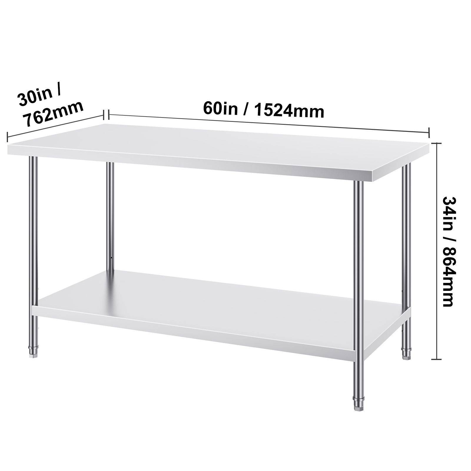 Stainless Steel Work Table 30x60in, 910lb Load Capacity, 3 Adjustable Shelves