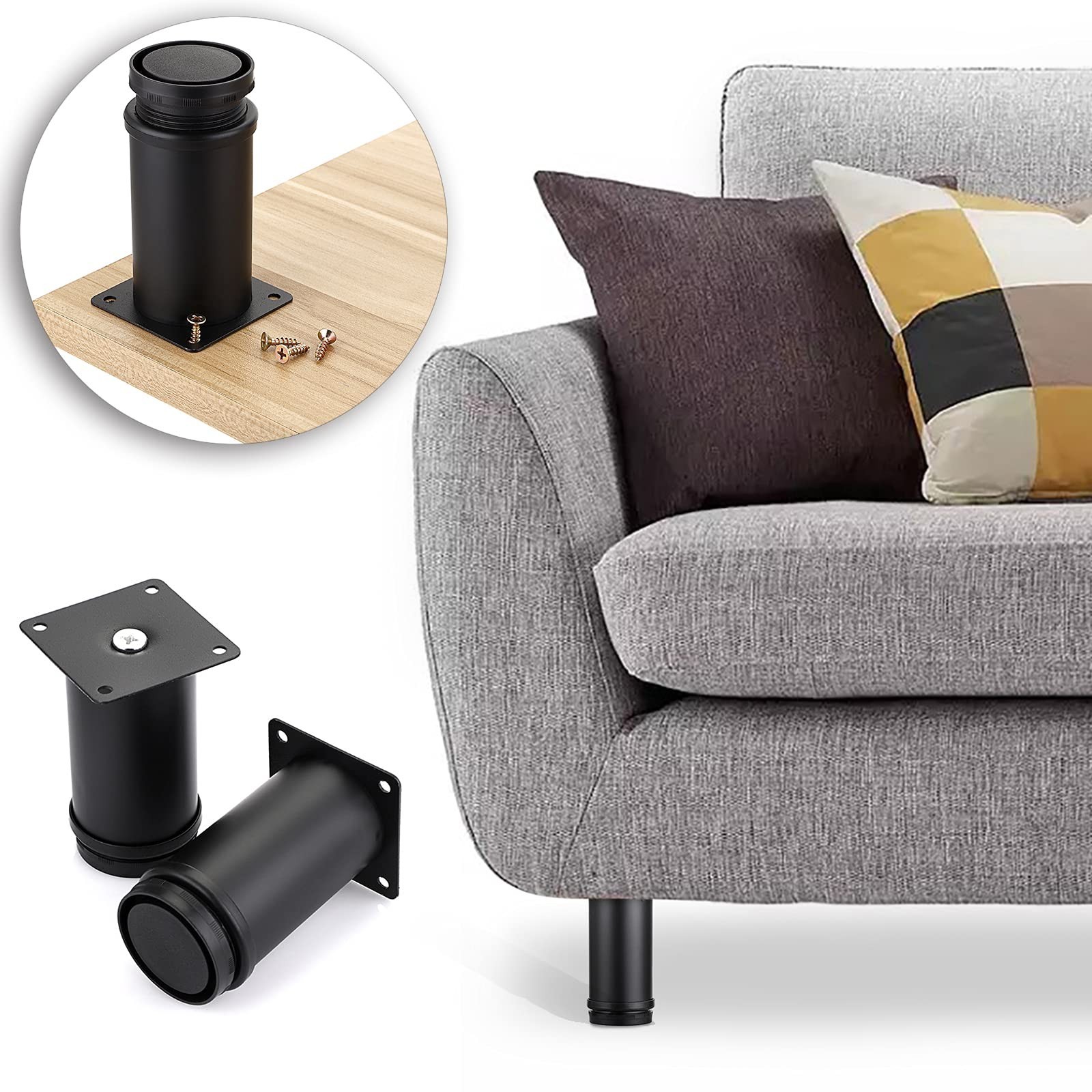 4PCS Adjustable 4″ Metal Furniture Legs – Heavy Duty Round Cabinet Feet for Sofa