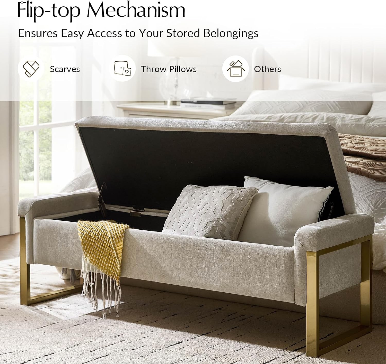 Modern Storage Ottoman Bench W/ Gold Metal Legs Upholstered Footrest End-of-Bed