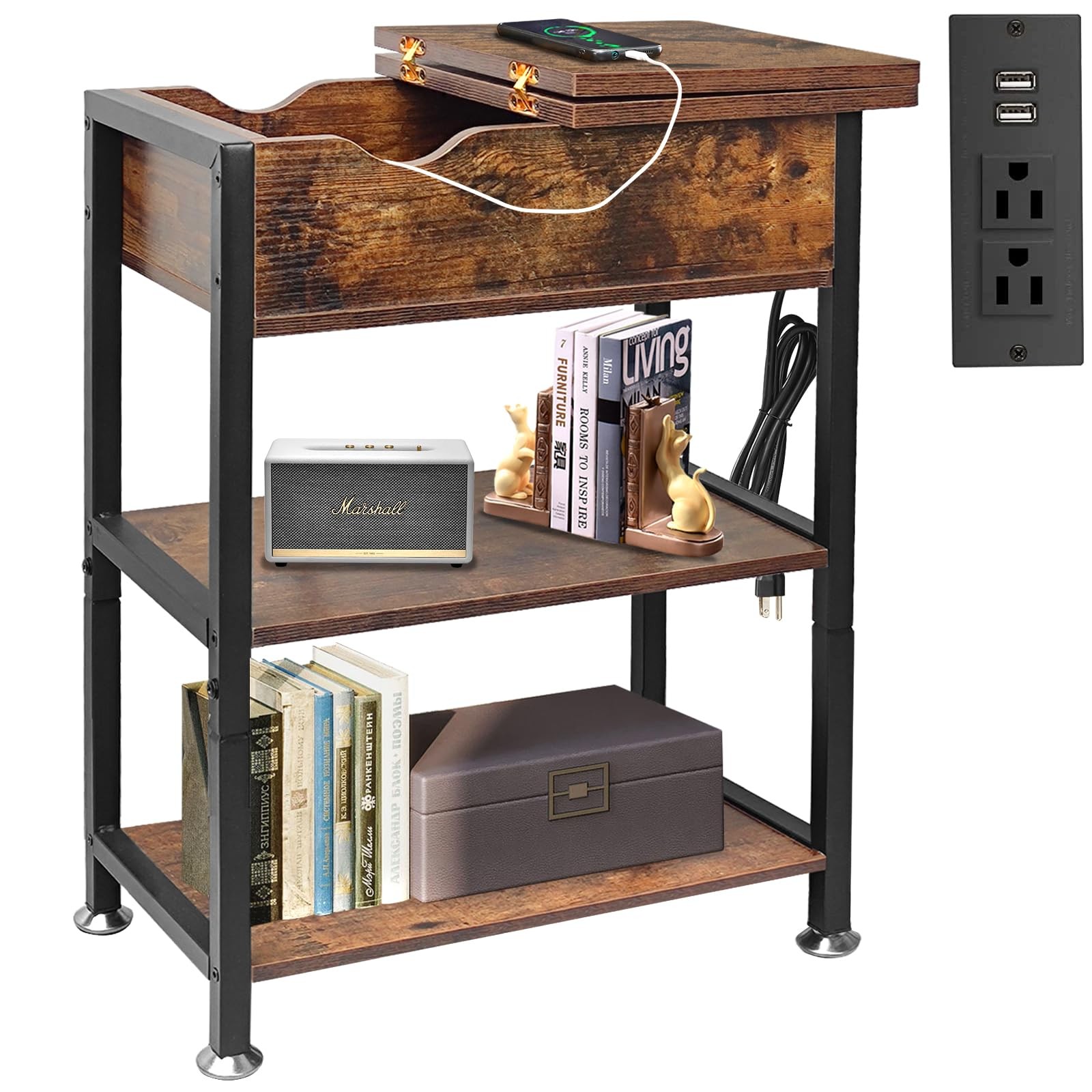 Flip Top End Table with Hidden Charging Station, 12″ D x 21″ W x 26″ H