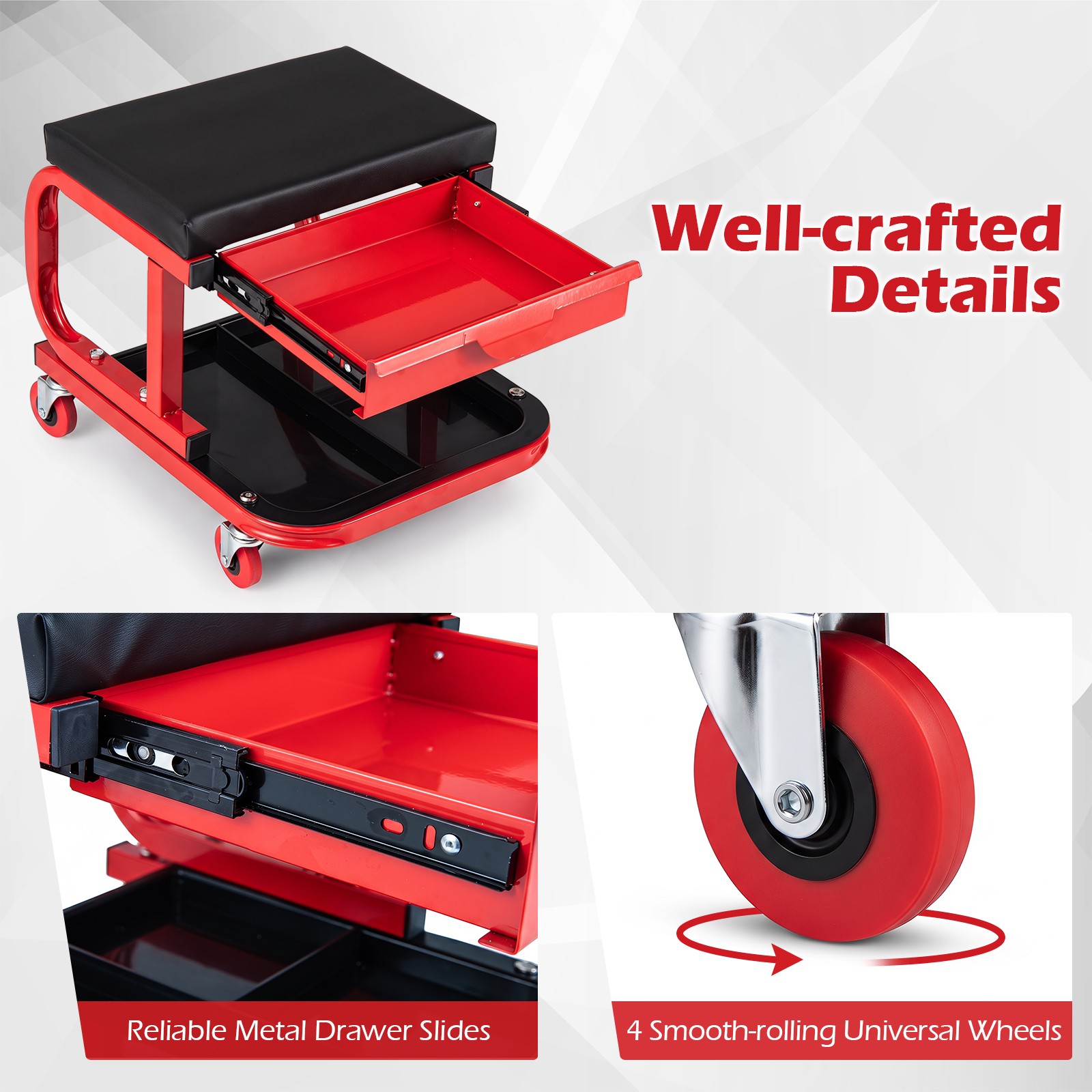 Mechanic Rolling Stool w/Tool Trays & Magnetic Drawer, Padded Cushion, 4 Wheels