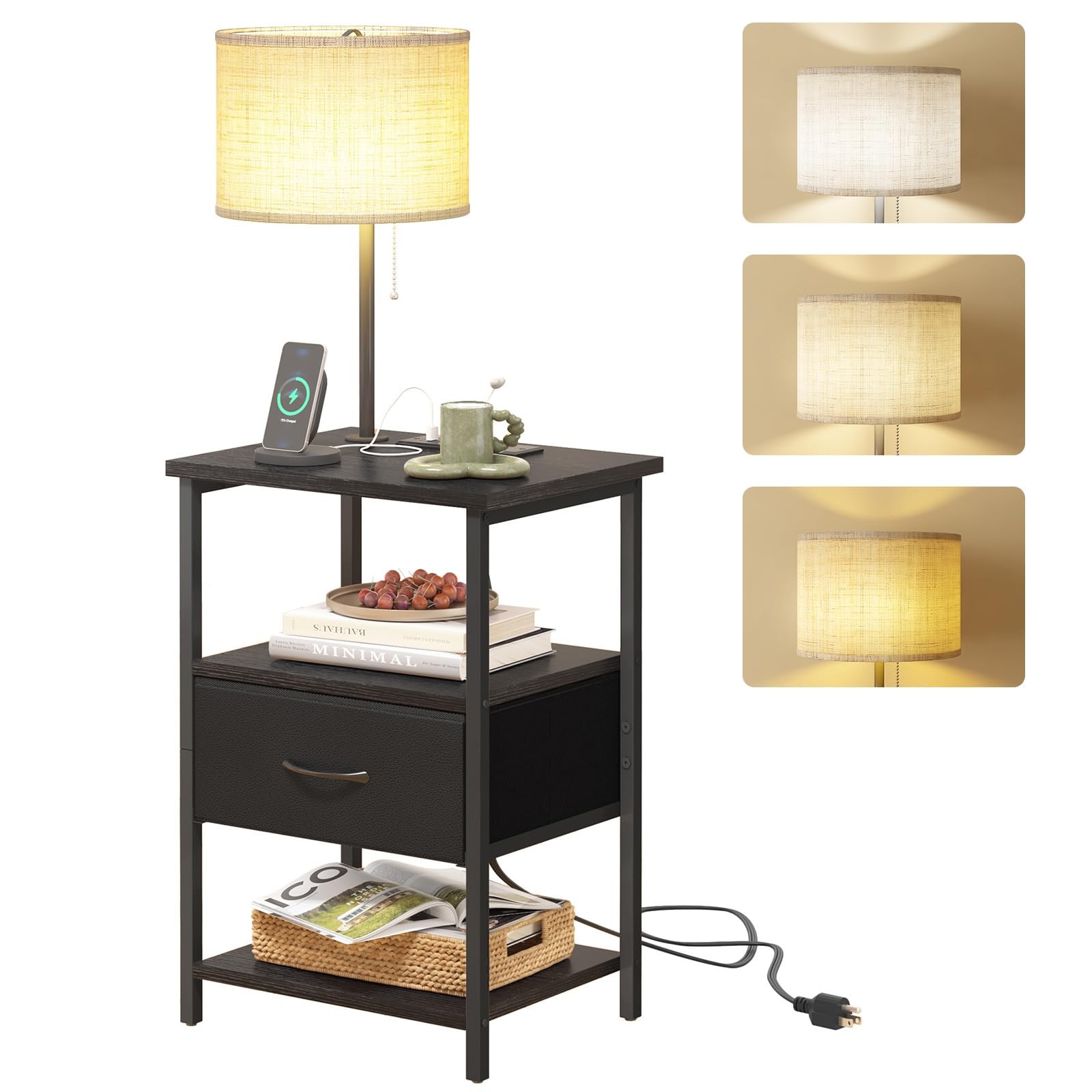 Nightstand with 9W Bulb & Charging Station – 3 Color Temperatures Adjustable