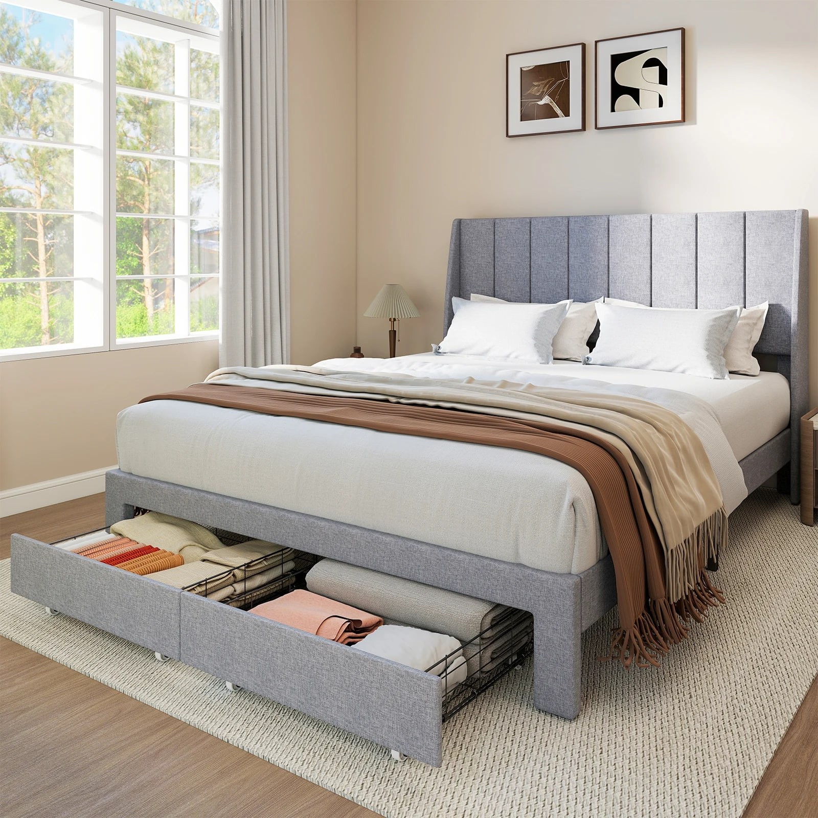 Upholstered Platform Bed Frame With Adjustable Headboard And Underbed Storage