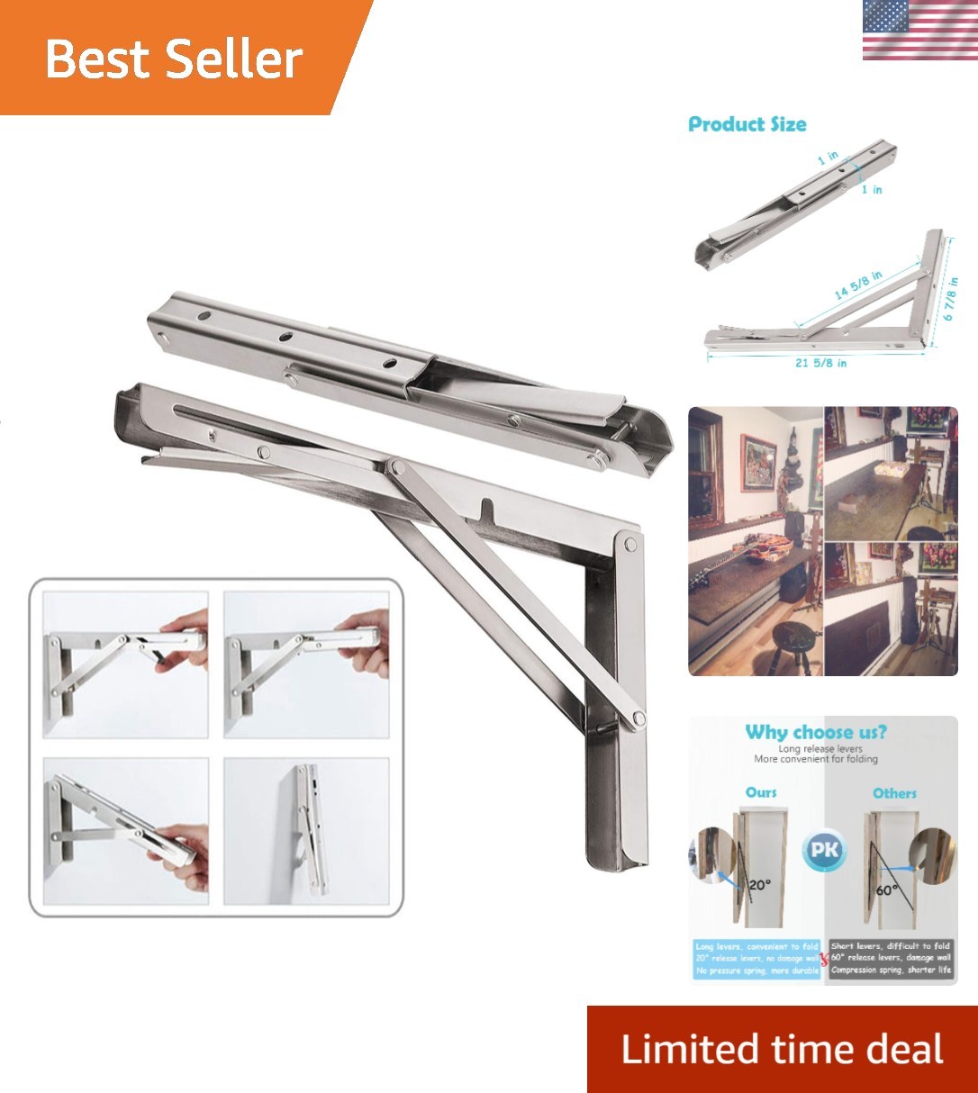 Space-Saving 22” Folding Shelf Brackets – Supports Up to 440 lb – 2 Count