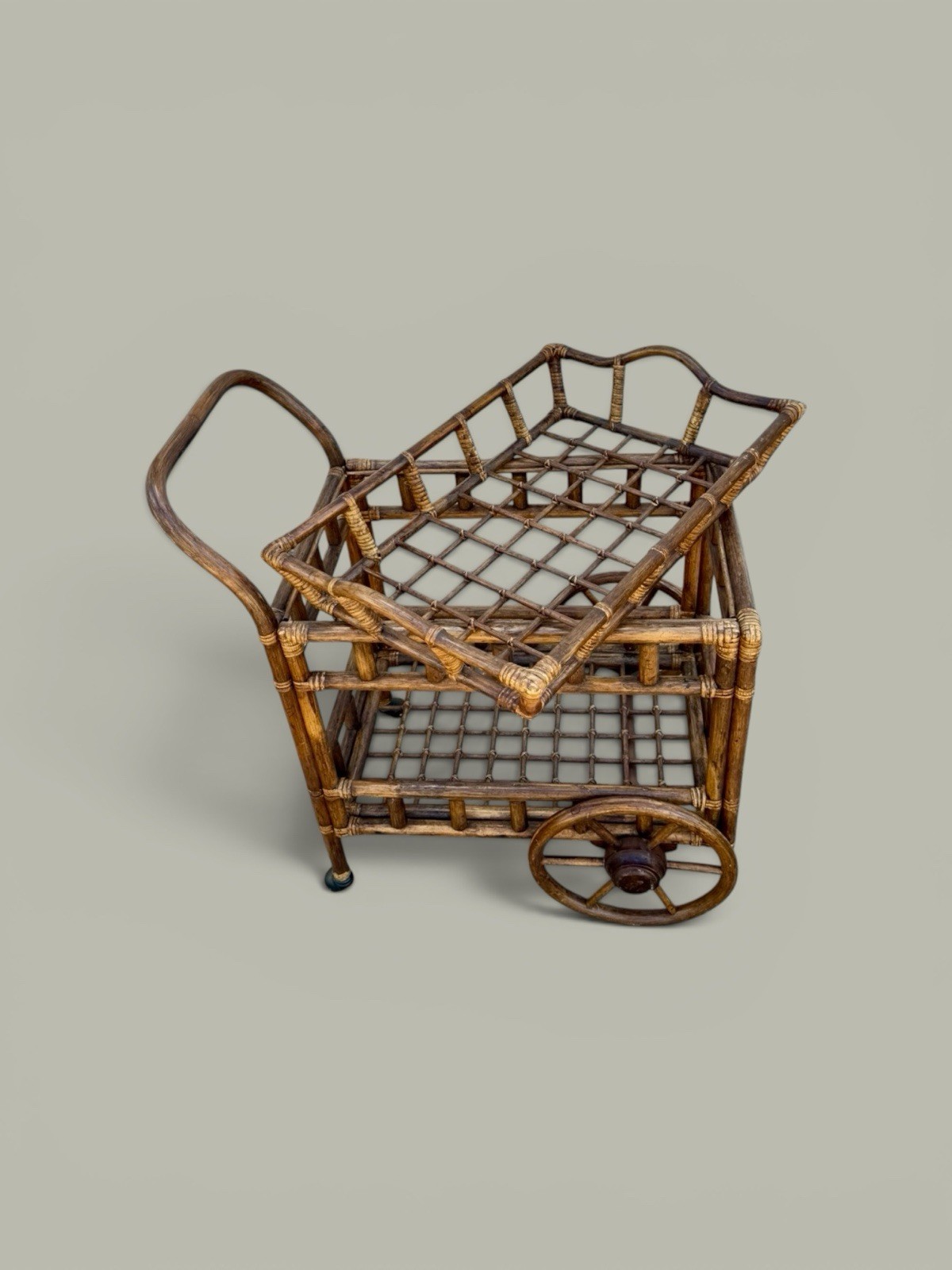 Vintage 1970s Bamboo Rolling Bar Cart with Removable Serving Tray