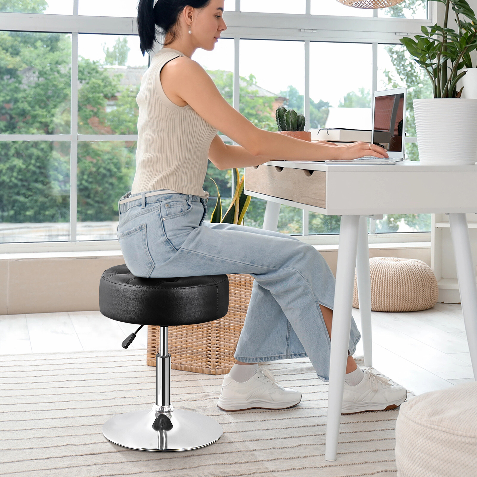 Adjustable Round Ottoman Stool Vanity Stool PU Leather Swivel Makeup Stool Black