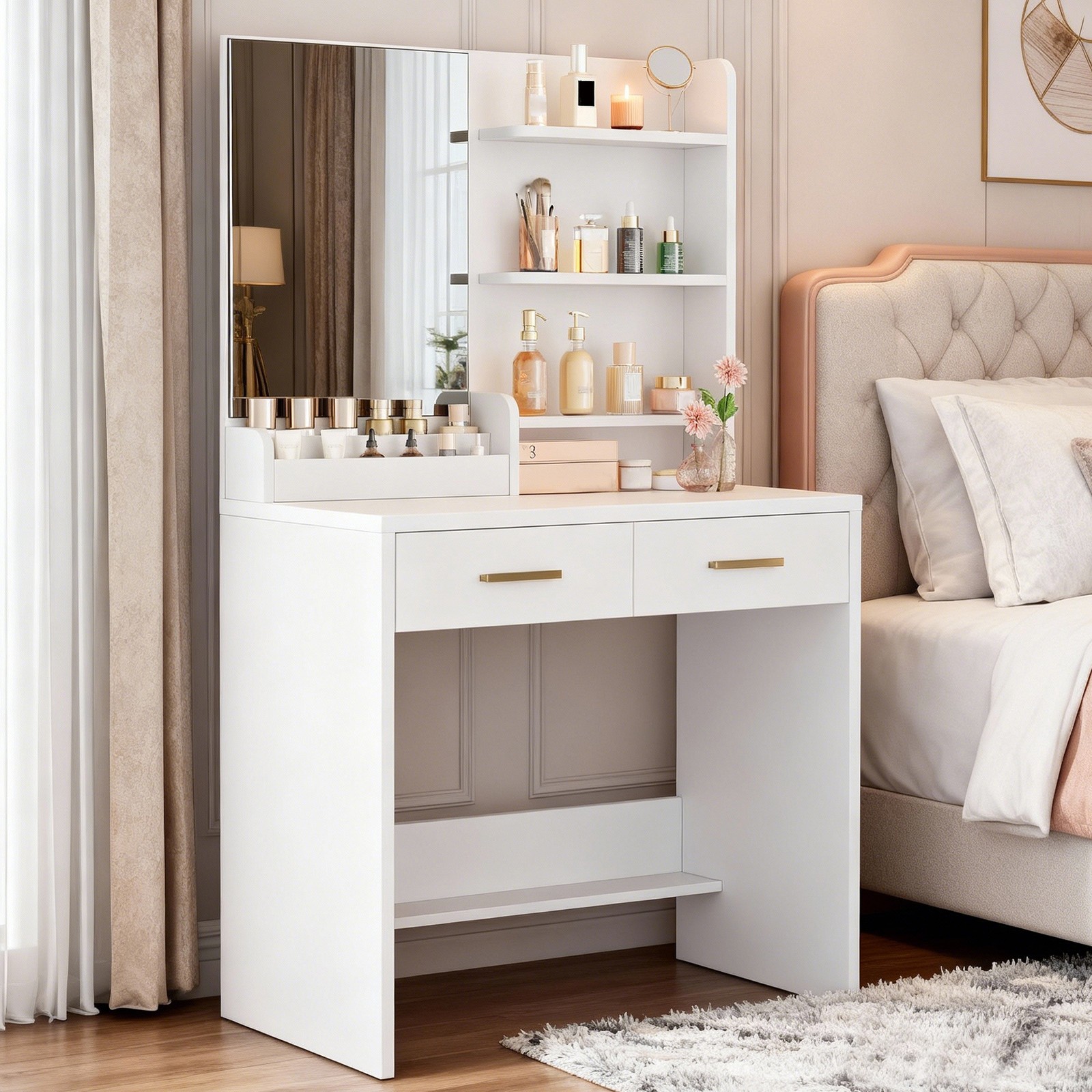 Vanity Desk Spacious Storage Table 2 Drawers Open Shelves Skincare Organ