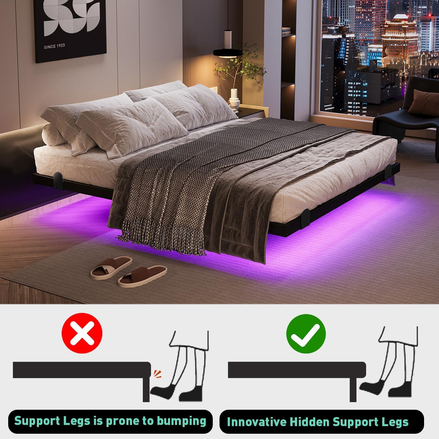 Modern King Size Floating Bed Frame with LED Lights & Charging Station