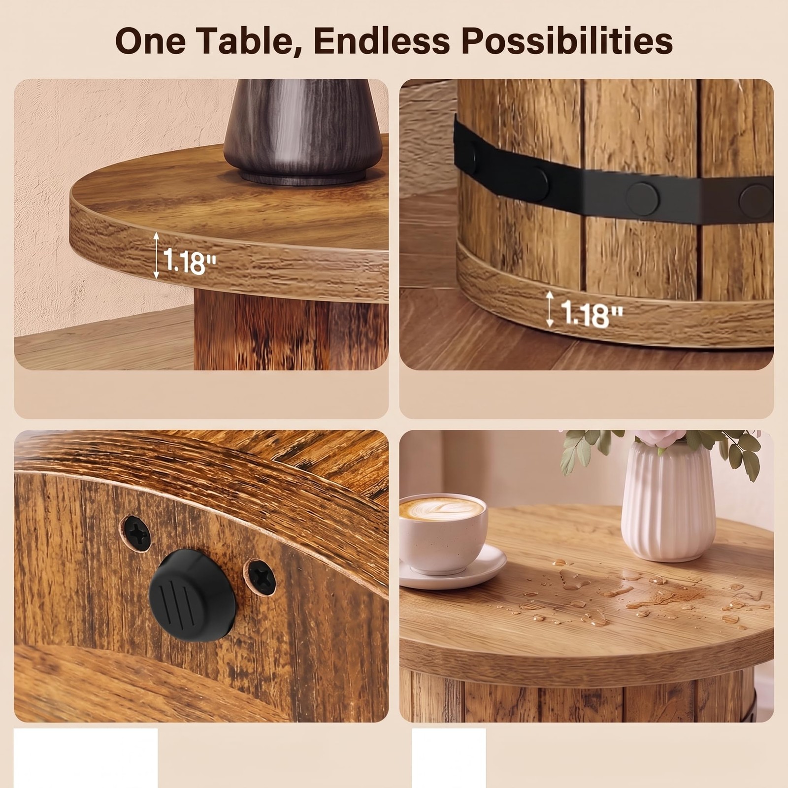 20-inch Round End Table, Farmhouse Side Table, Natural Brown-1PC