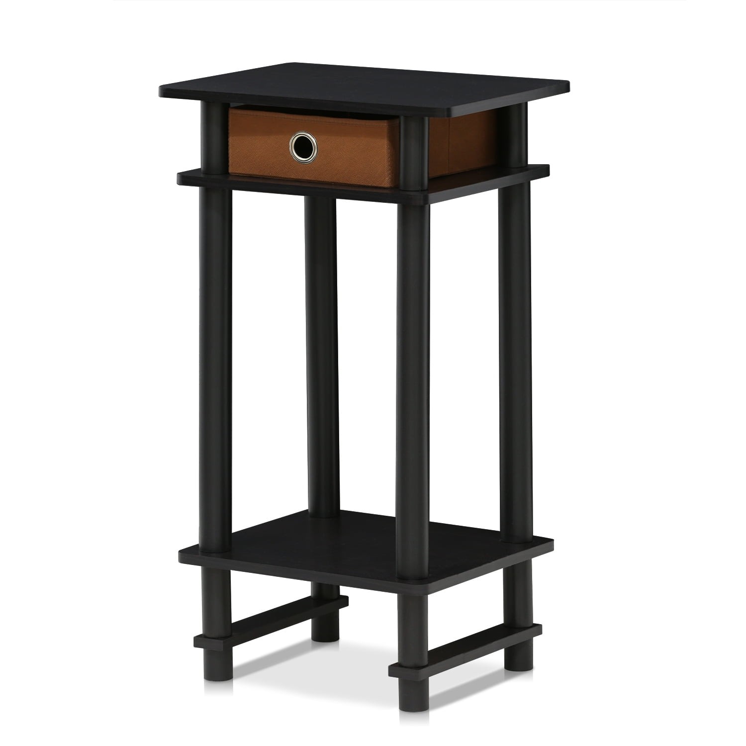Black Espresso/Brown Tall Side End Table W/ Bin & Open Shelf for Living Room