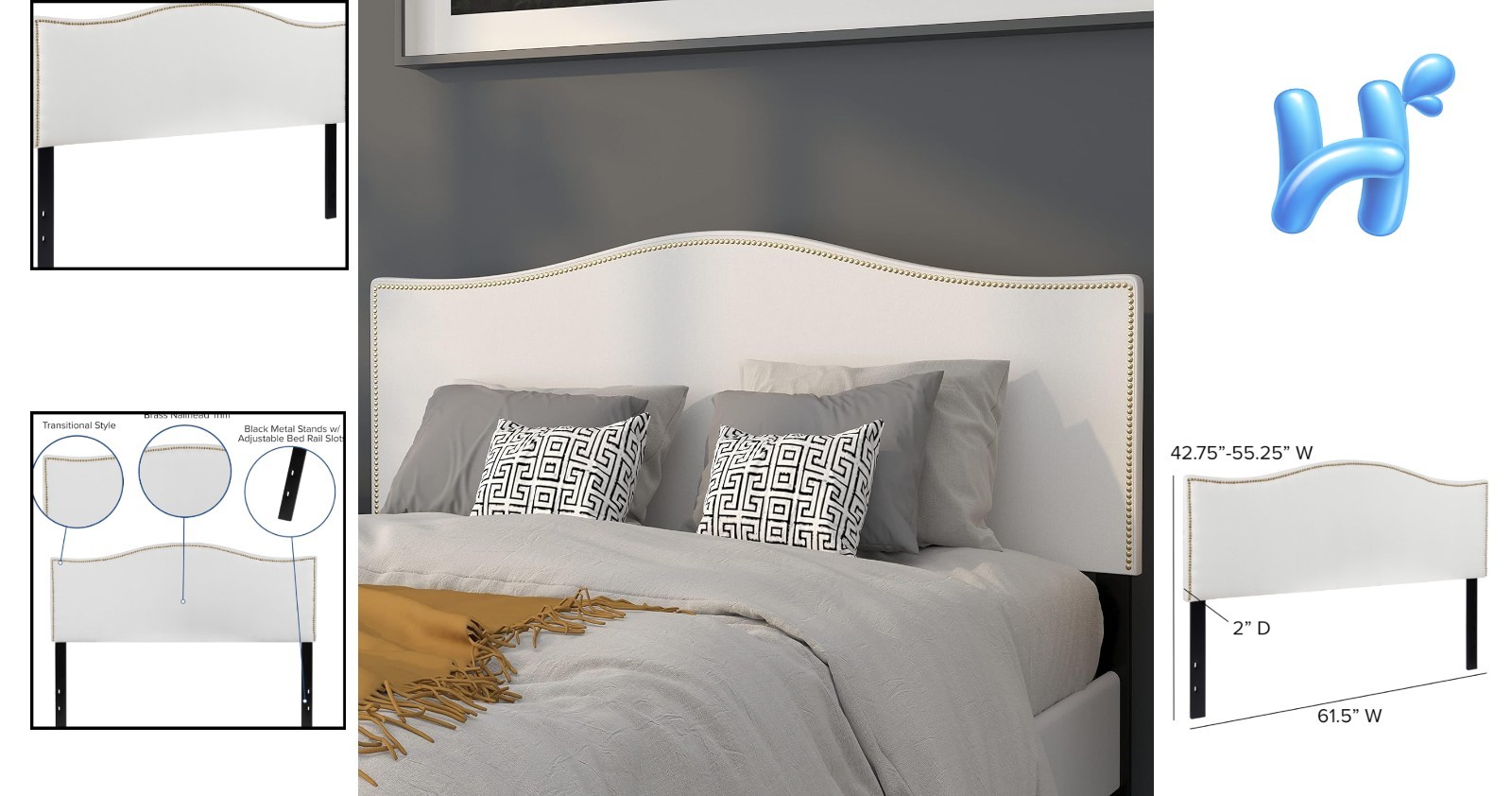 Transitional Queen Size Upholstered Headboard in White with Brass Nailhead Trim