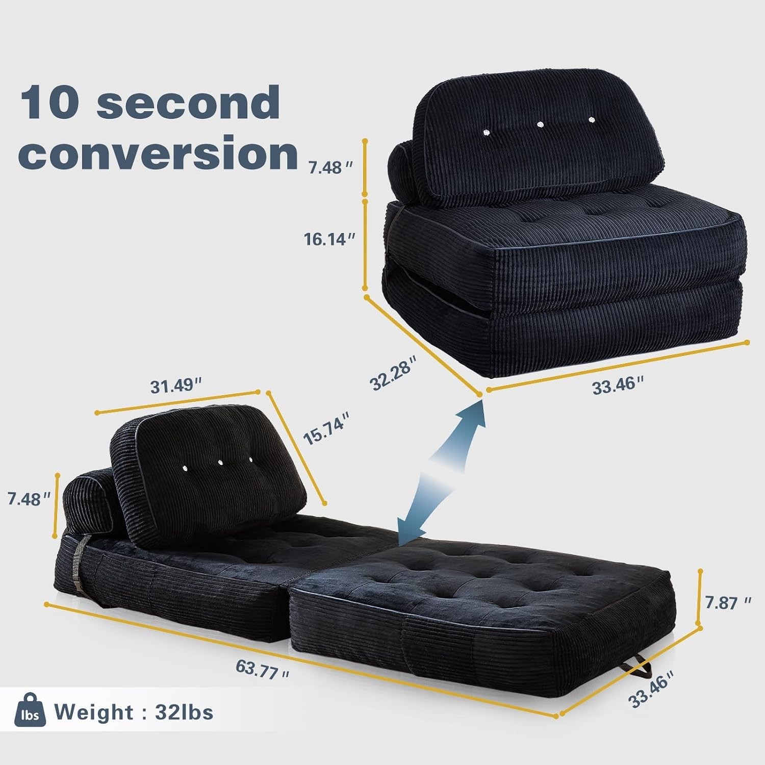 Folding Futon Sleeper Sofa Bed Chair, No Assembly, Black 5 | Dual-layer flannel