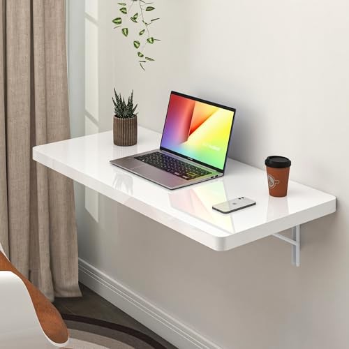 Wall Mounted High Gloss Folding Table, Wall Desk 31.5″W x 15.7″D x 5.2″H White