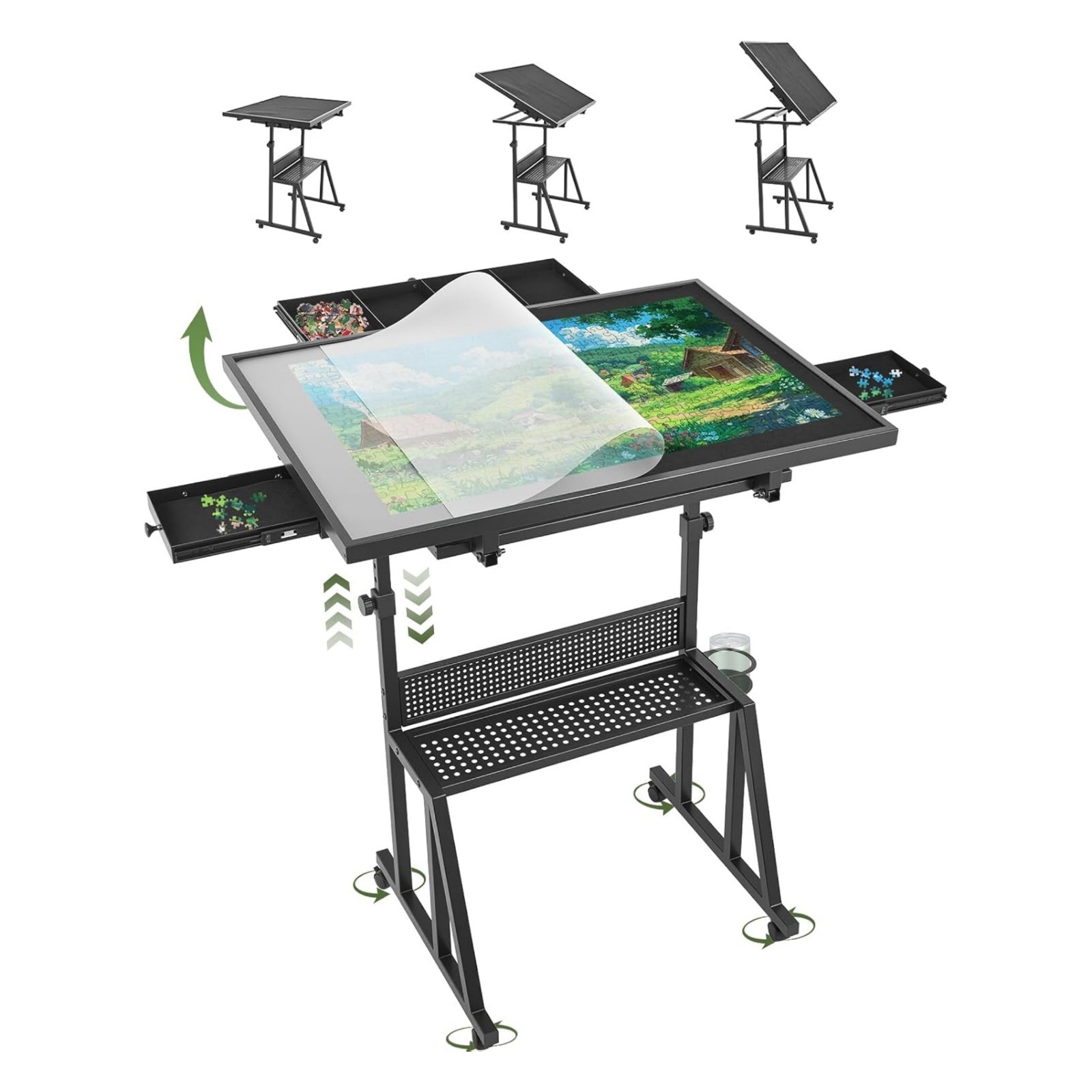 1500 Piece Adjustable Height Tilt Jigsaw Puzzle Table w/ Wheels Sorting Trays