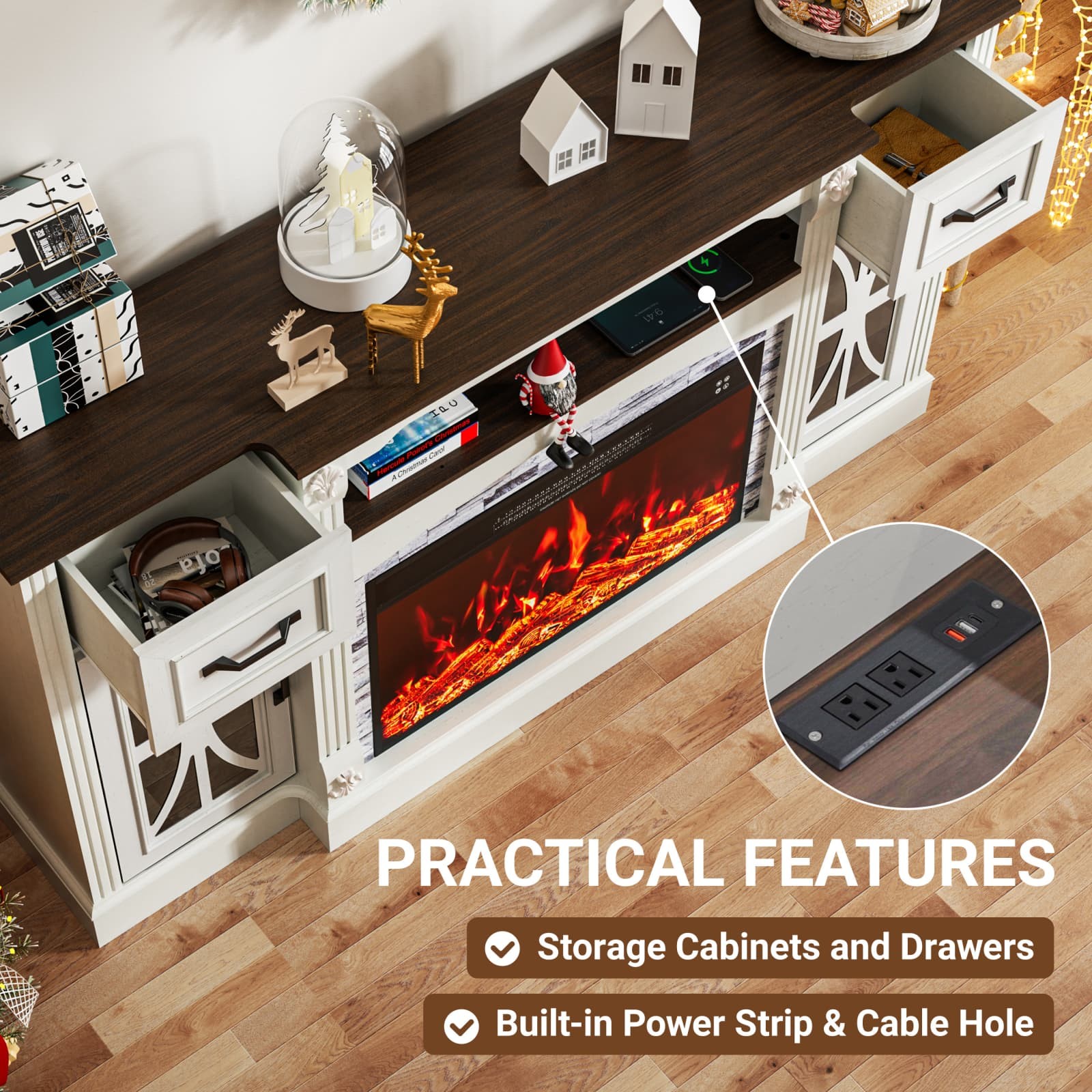 70” White Electric Fireplace TV Stand Glass Door Storage Cabinet for 65–75” TV