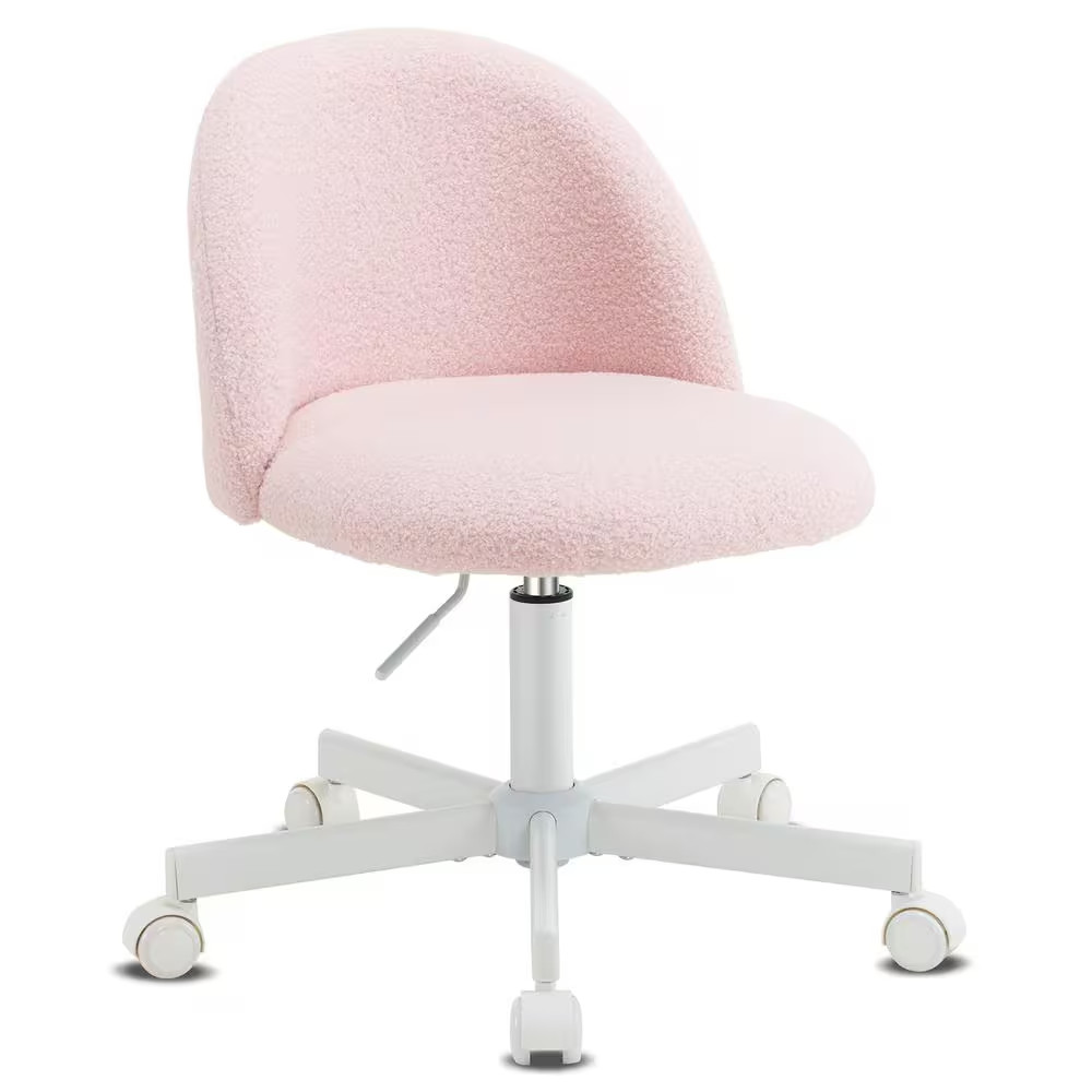 Teddy Fleece Velvet Seat Liftable Swivel Office Chair in Light Pink Armless