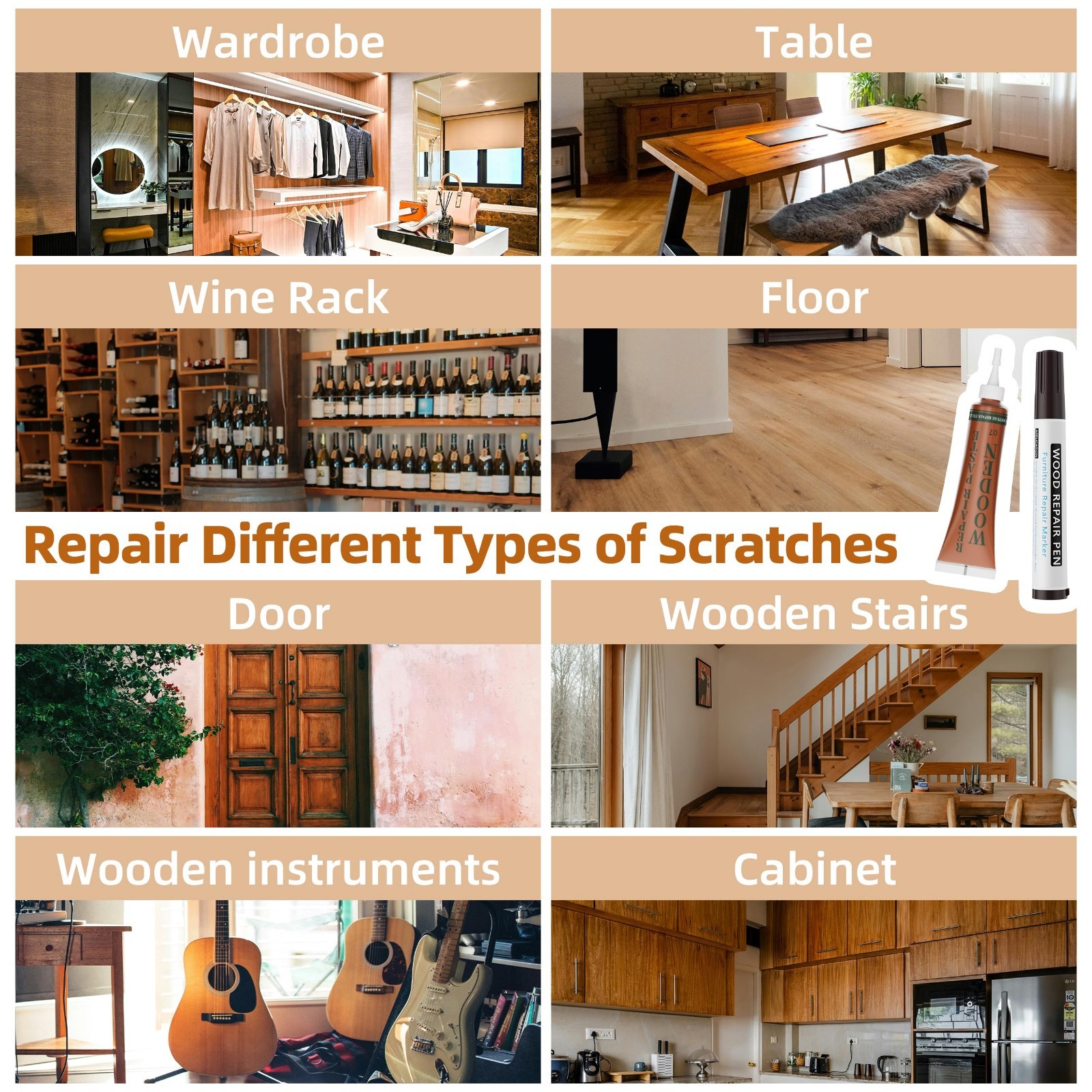 Wood Furniture Repair Kit – 12 Color Fillers & 8 Touch-Up Markers – Fix Scratche