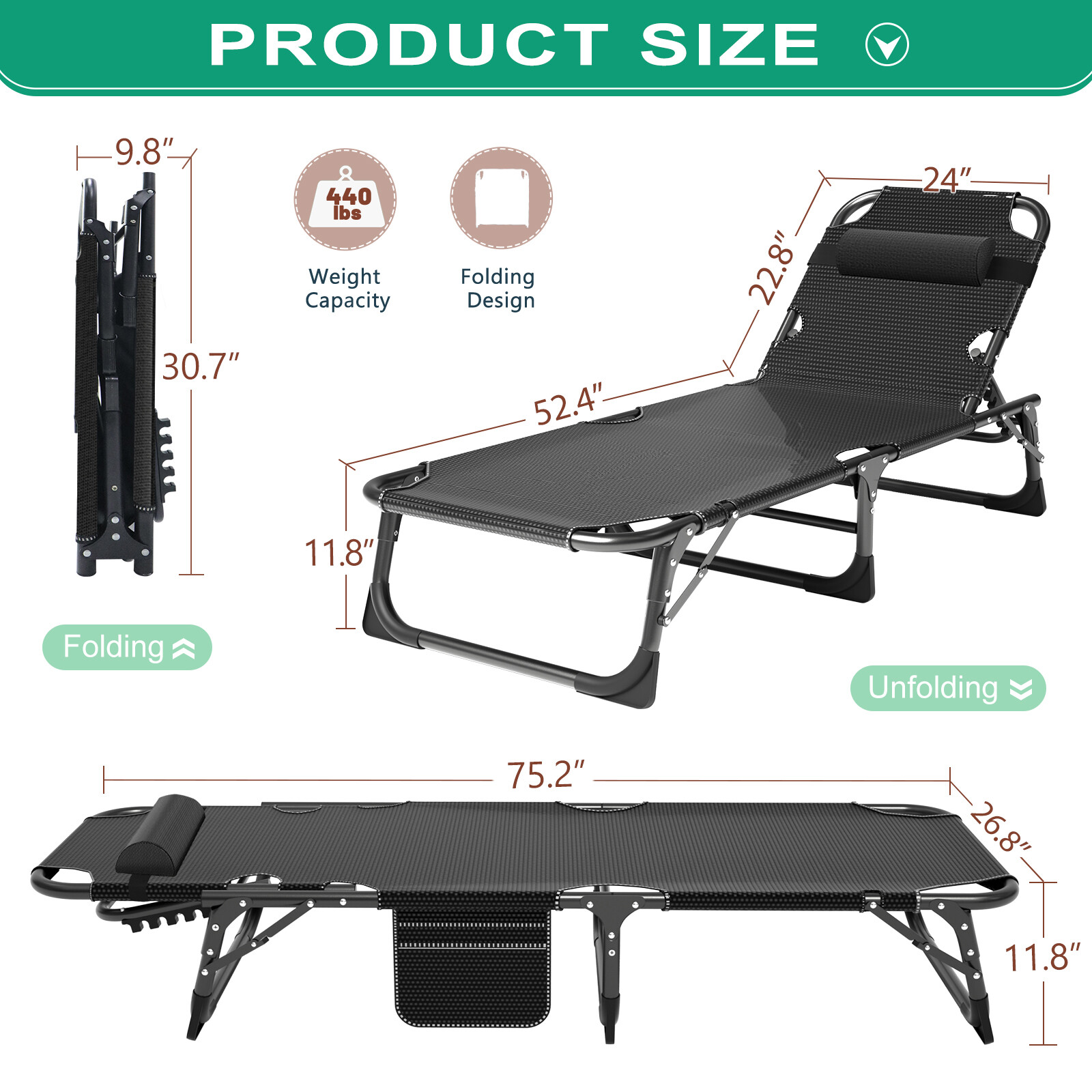 Folding Camping Cot Bed Adjustable 5-Position Folding Lounge Chair Portable 3IN1