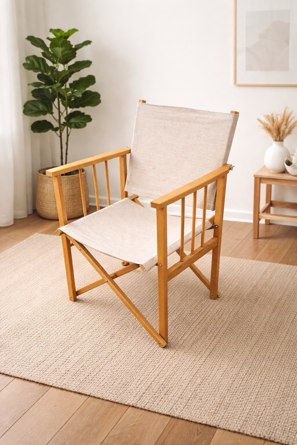 Hyllinge Møbler 1970 Danish Folding Chair with Linen Upholstery Light Wood Beige