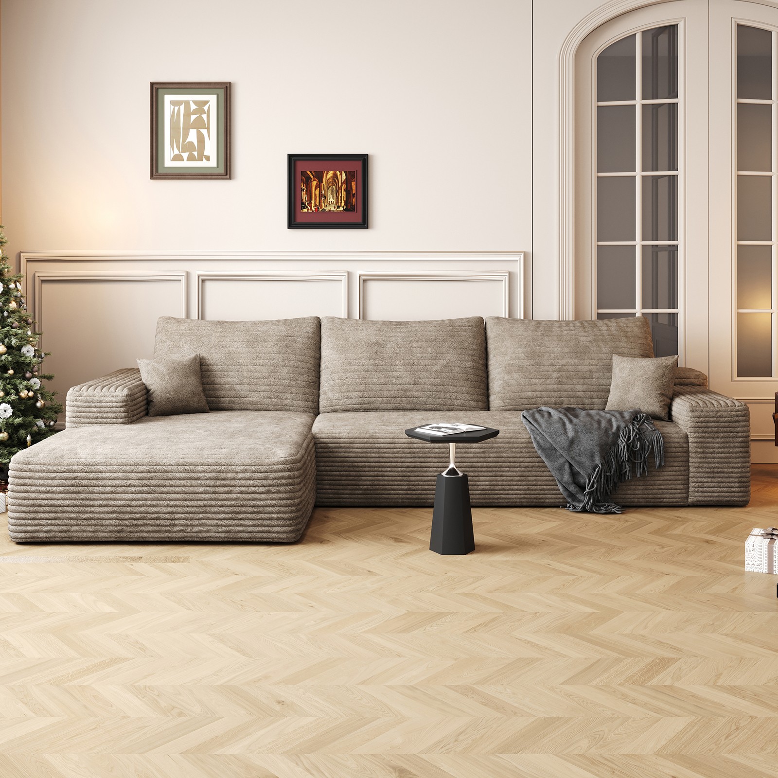 107″ L-Shape Chaise Sectional Sofa, Modular Cloud Couch, Camel Corduroy