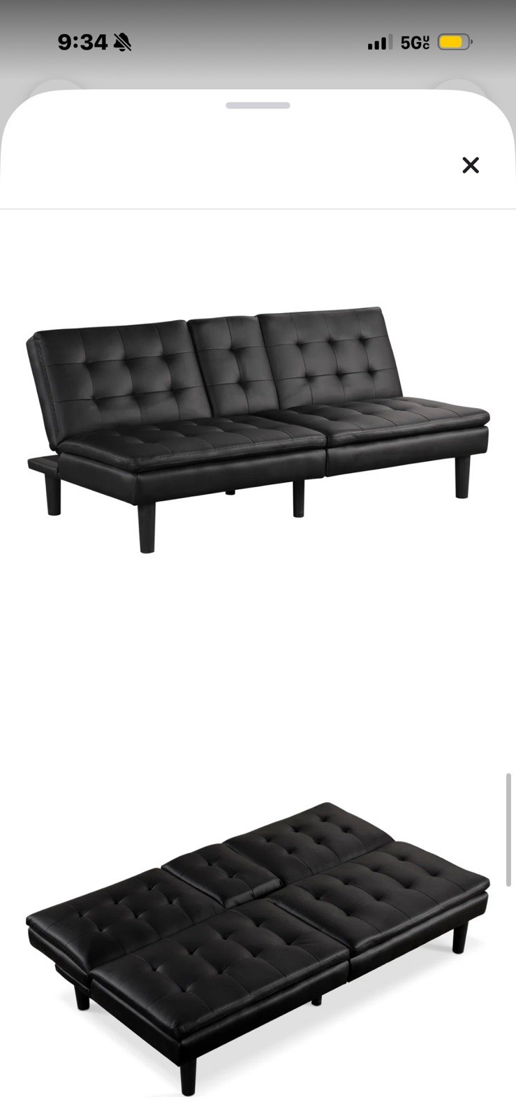 Black Tufted Faux Leather Convertible Futon Sofa Bed w/ Cup Holders 71.5″