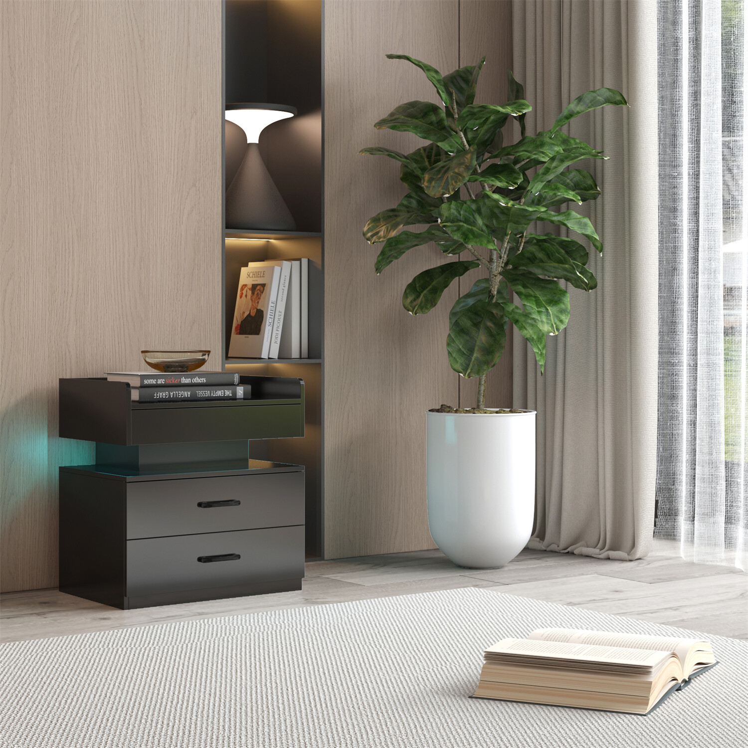 LED Nightstand Bedside Table End Table Side Table w/ 2 Drawers White/Gray/Black